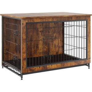 imageVEVOR Dog Crate Furniture 38 inch Wooden Dog Crate with Double Doors HeavyDuty Dog Cage End Table with MultiPurpose Removable Tray Modern Dog Kennel Indoor for Dogs up to 70lb Rustic Brown