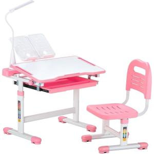 imageVEVOR Kids Study Chair and Desk Set Study Desk and Chair for Kids with Table Lamp Adjustable Height ampamp 040 Tilted Desktop Kids Desk and Chair Children Study Table for Bedroom ampamp Study Room GreyPink