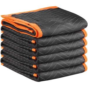 imageVEVOR Moving Blankets 80quot x 72quot 35 lbsdz Weight 12 Packs Professional NonWoven ampamp Recycled Cotton Packing Blanket Heavy Duty Mover Pads for Protecting Furniture Floors Appliances BlueOrangeBlack Side  Dark Blue Side  Orange Edges