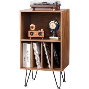 imageVEVOR Record Player Stand 3 Tiers Turntable Stand with Record Storage Vinyl Record Storage Cabinet with Metal Legs for Bedroom Living Room Brown