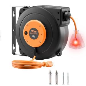 imageVEVOR Retractable Extension Cord Reel 30 FT Heavy Duty 16AWG3C SJTOW Power Cord with Lighted Triple Tap Outlet 10 Amp Circuit Breaker for Ceiling or Wall Mount Garage and Shop ETL Listed