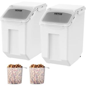 imageVEVOR Rice Storage Container 45Gallon20L x2 Capacity Large Dog Food Dispenser Bin Kitchen Ingredient Grain Cereal Flour Bin Pet food Containers with Wheels 2 Measuring Cups Airtight Lid 2 Pack35 Gallon2