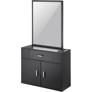 imageVEVOR Salon Storage Cabinet Wall Mounted Barber Salon Station for Hair Stylist Hair Stylist Station Set with 3 Sleeves A Mirror DoubleDoor Cabinet and A Drawer Black