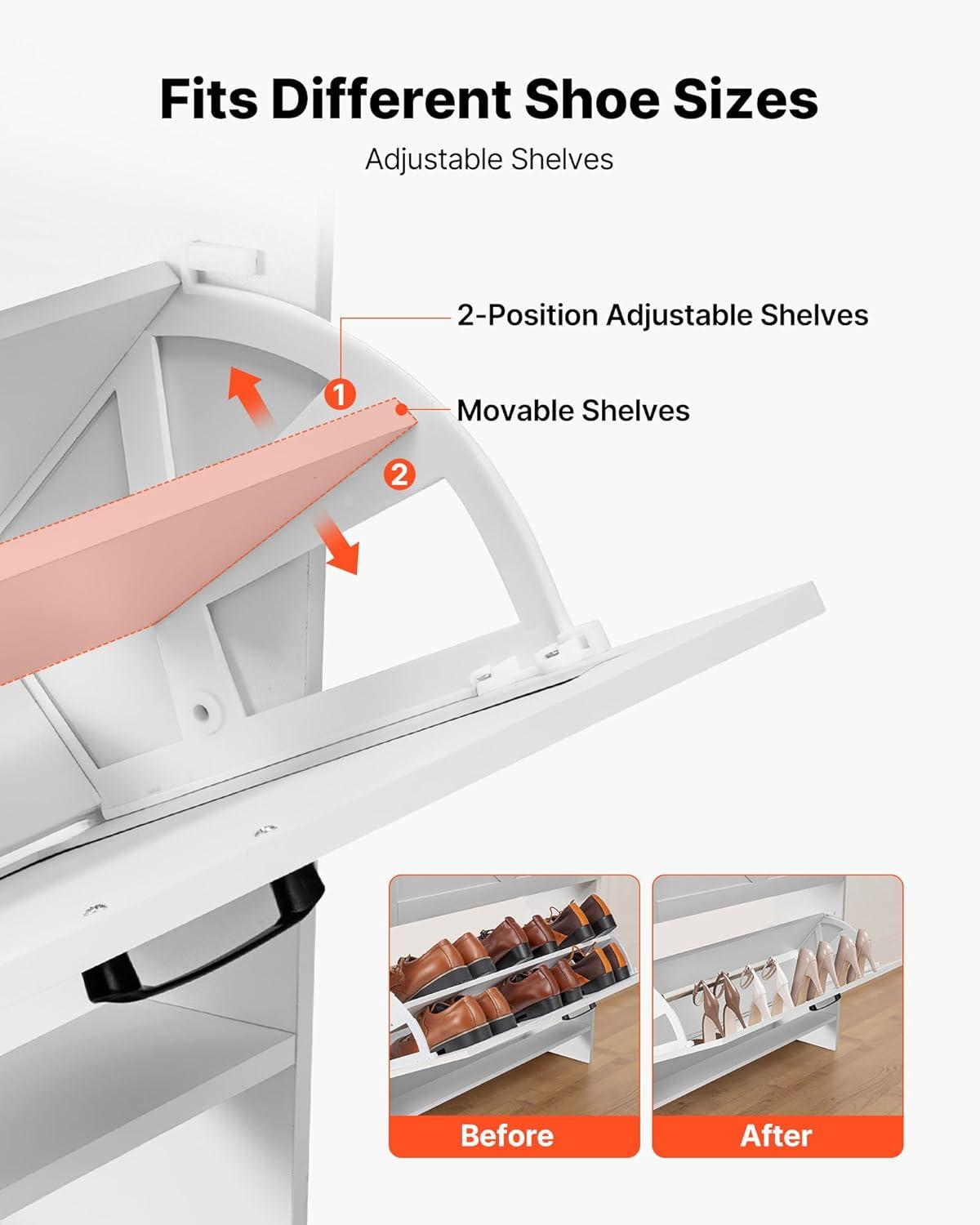 imageVEVOR Shoe Cabinet with 3 Flip Drawers Shoe Storage Cabinet for Entryway Free Standing Shoe Storage Organizer with Side Hooks for Heels Boots Slippers in Hallway Living Room315W 2 Drawers2 Storage Drawers