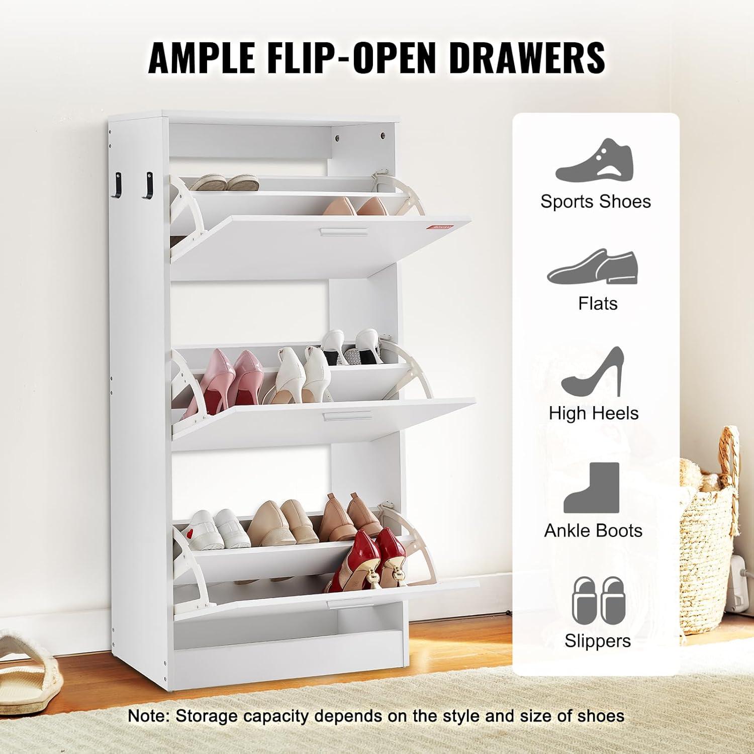 imageVEVOR Shoe Cabinet with 3 Flip Drawers Shoe Storage Cabinet for Entryway Free Standing Shoe Storage Organizer with Side Hooks for Heels Boots Slippers in Hallway Living Room236W 3 Drawers