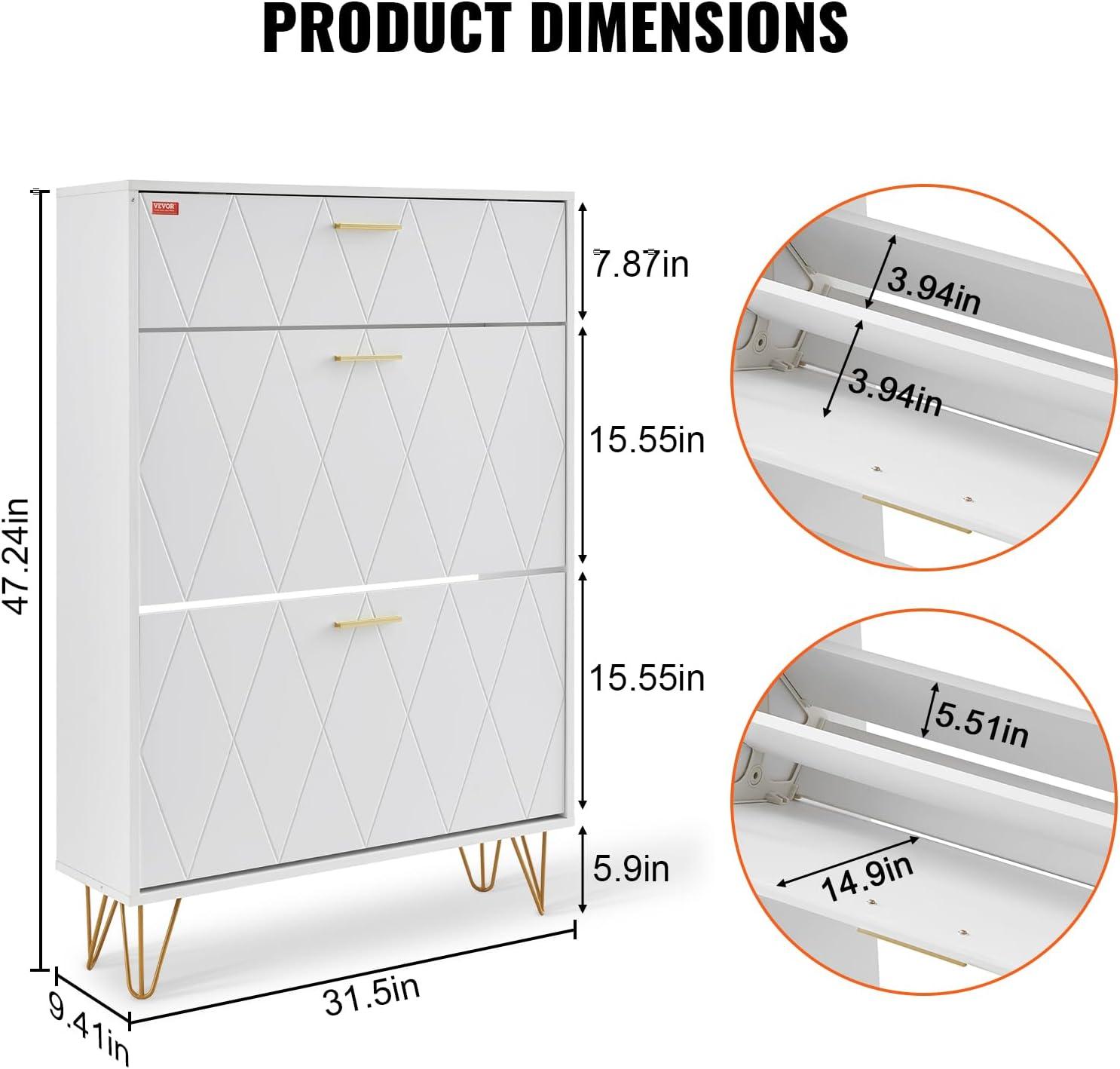 imageVEVOR Shoe Cabinet with 3 Flip Drawers Shoe Storage Cabinet for Entryway Free Standing Shoe Storage Organizer with Side Hooks for Heels Boots Slippers in Hallway Living Room315W 3 Drawers