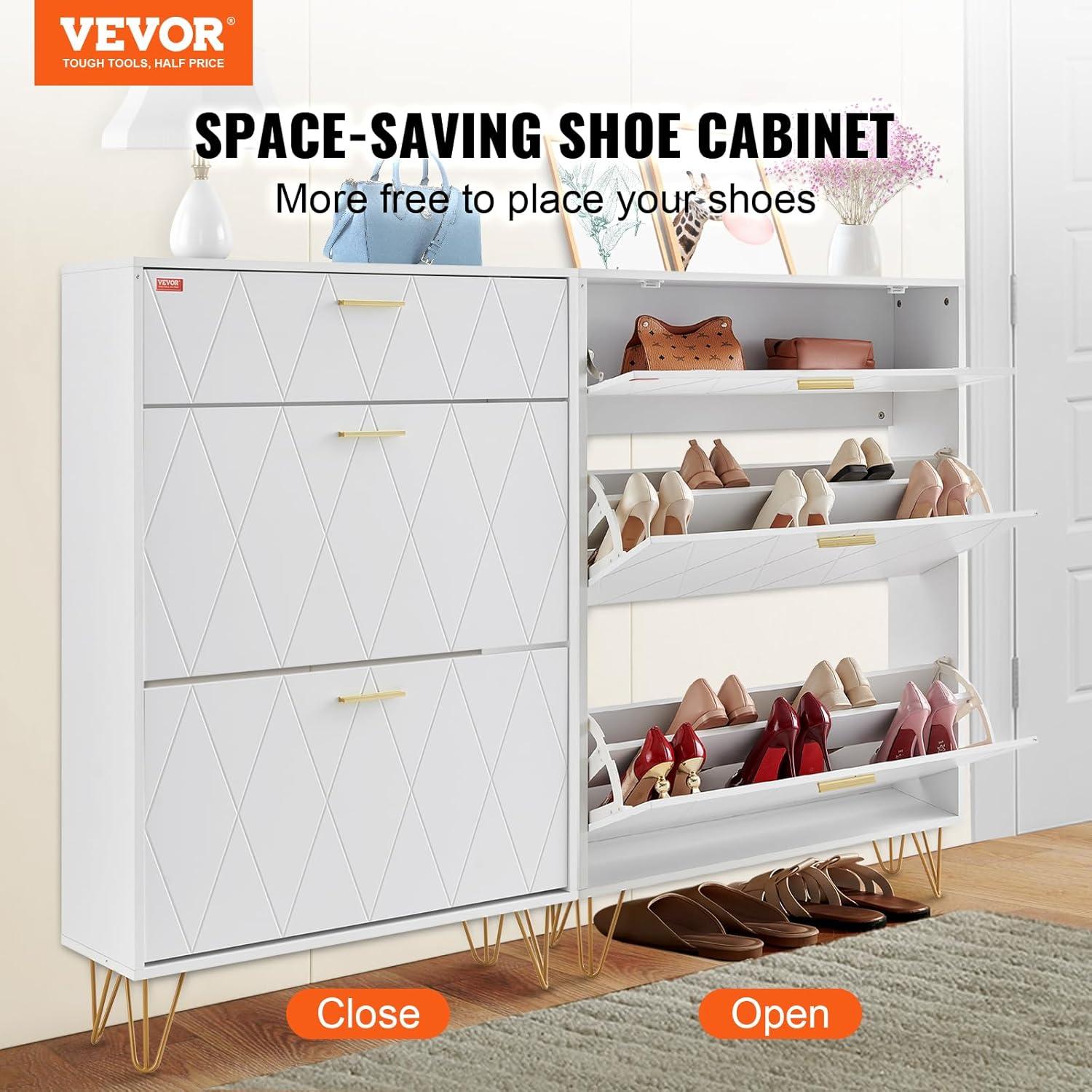 imageVEVOR Shoe Cabinet with 3 Flip Drawers Shoe Storage Cabinet for Entryway Free Standing Shoe Storage Organizer with Side Hooks for Heels Boots Slippers in Hallway Living Room315W 3 Drawers