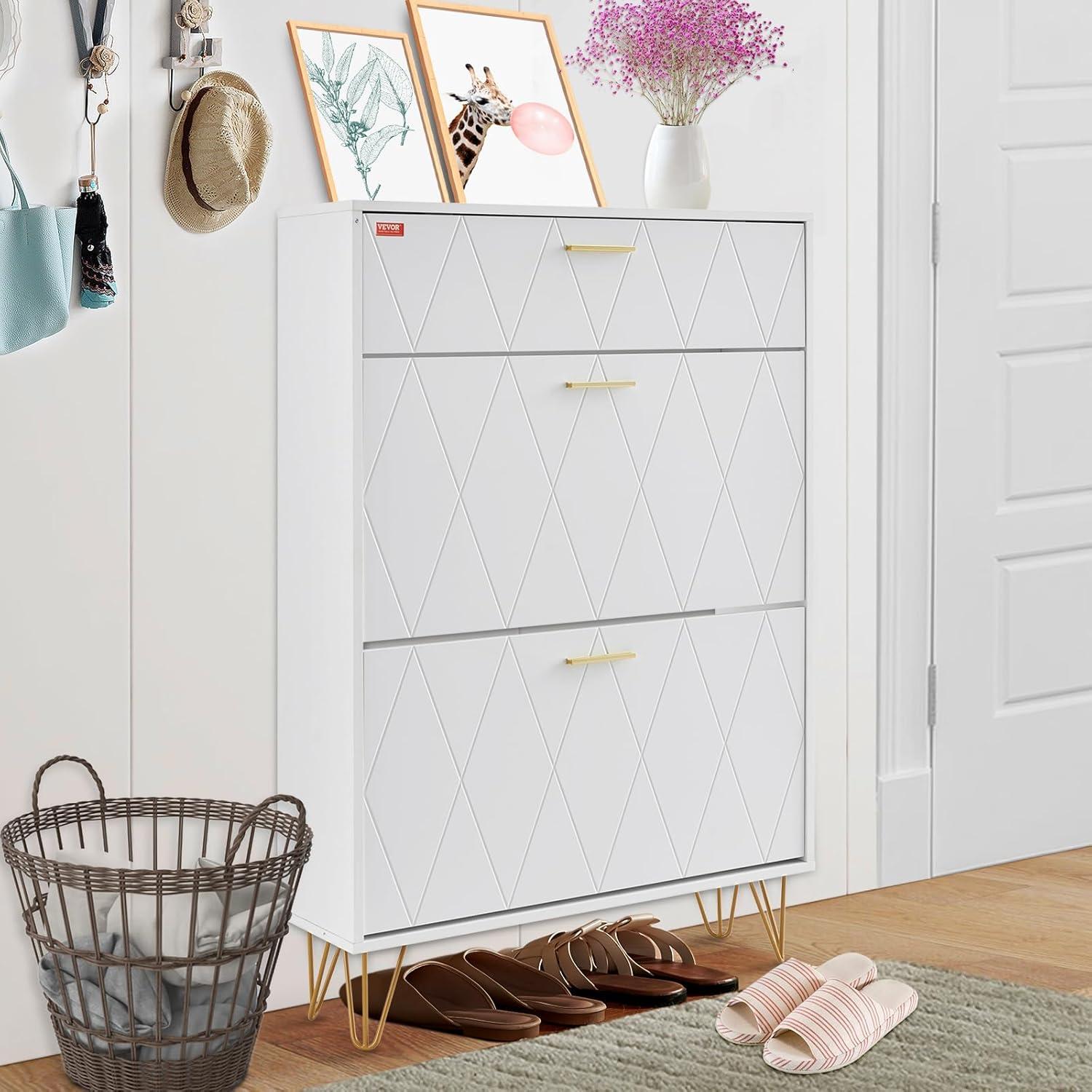 imageVEVOR Shoe Cabinet with 3 Flip Drawers Shoe Storage Cabinet for Entryway Free Standing Shoe Storage Organizer with Side Hooks for Heels Boots Slippers in Hallway Living Room315W 3 Drawers