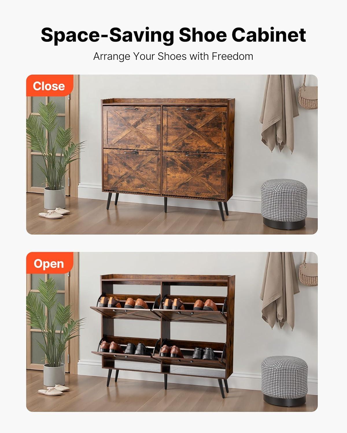 imageVEVOR Shoe Cabinet with 3 Flip Drawers Shoe Storage Cabinet for Entryway Free Standing Shoe Storage Organizer with Side Hooks for Heels Boots Slippers in Hallway Living Room473W 4 Drawers