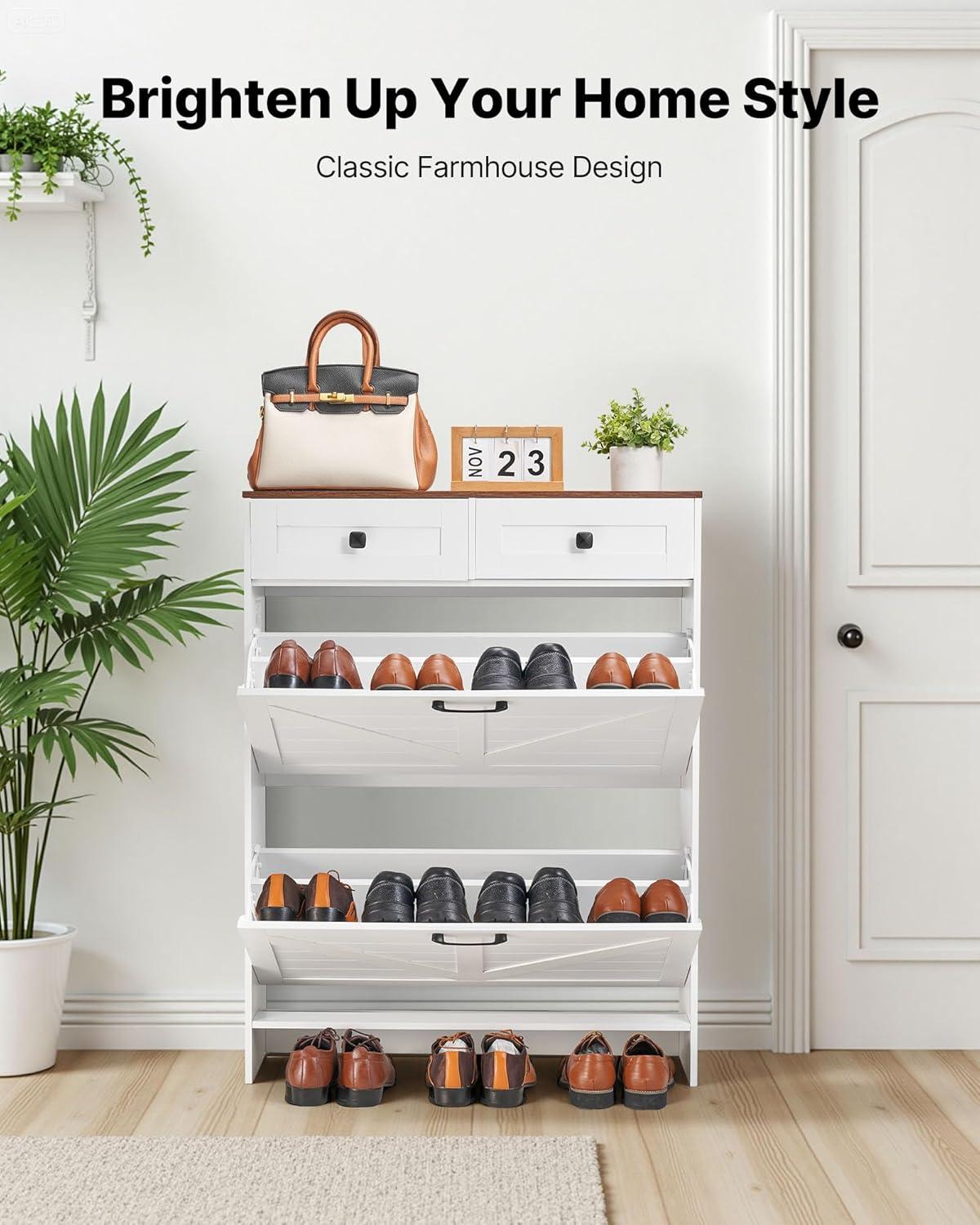 imageVEVOR Shoe Cabinet with 3 Flip Drawers Shoe Storage Cabinet for Entryway Free Standing Shoe Storage Organizer with Side Hooks for Heels Boots Slippers in Hallway Living Room315W 2 Drawers2 Storage Drawers