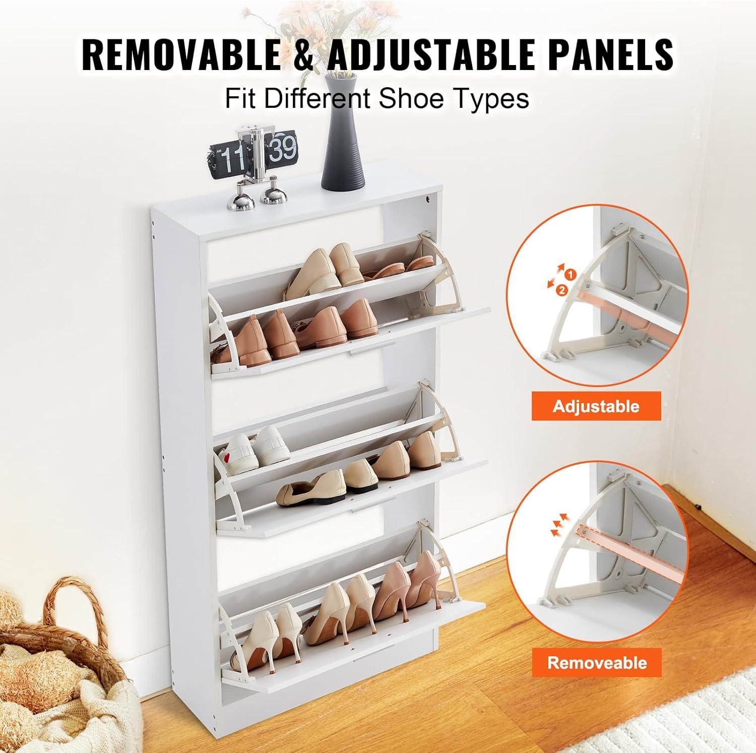 imageVEVOR Shoe Cabinet with 3 Flip Drawers Shoe Storage Cabinet for Entryway Free Standing Shoe Storage Organizer with Side Hooks for Heels Boots Slippers in Hallway Living Room236W 3 Drawers