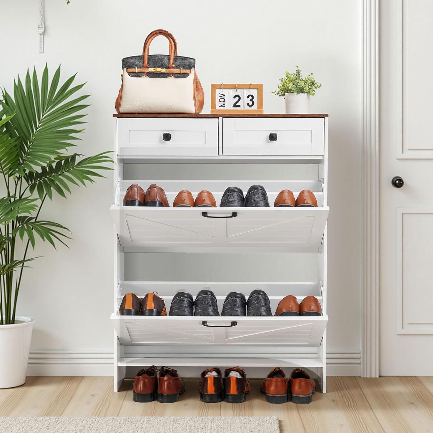 imageVEVOR Shoe Cabinet with 3 Flip Drawers Shoe Storage Cabinet for Entryway Free Standing Shoe Storage Organizer with Side Hooks for Heels Boots Slippers in Hallway Living Room315W 2 Drawers2 Storage Drawers