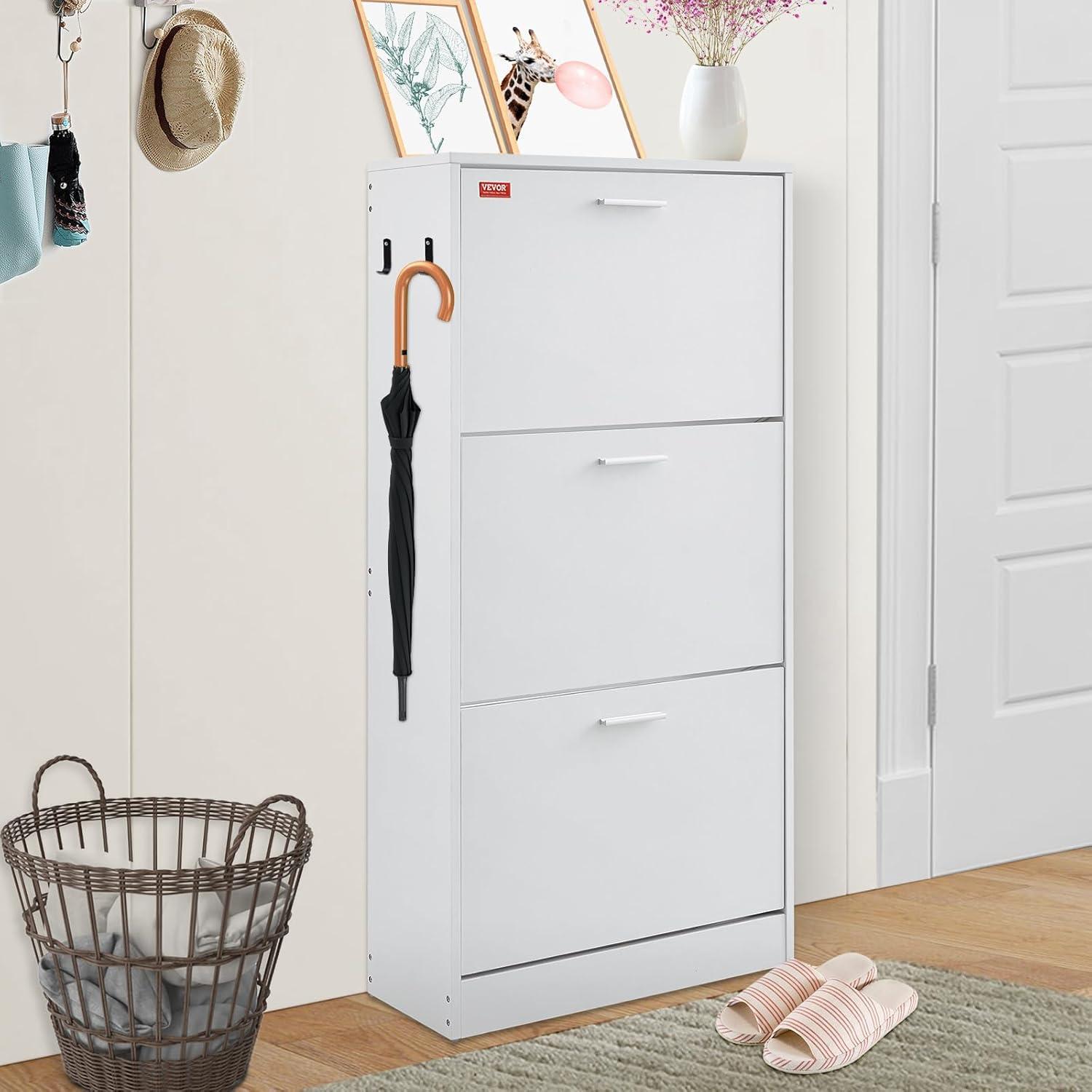 imageVEVOR Shoe Cabinet with 3 Flip Drawers Shoe Storage Cabinet for Entryway Free Standing Shoe Storage Organizer with Side Hooks for Heels Boots Slippers in Hallway Living Room236W 3 Drawers