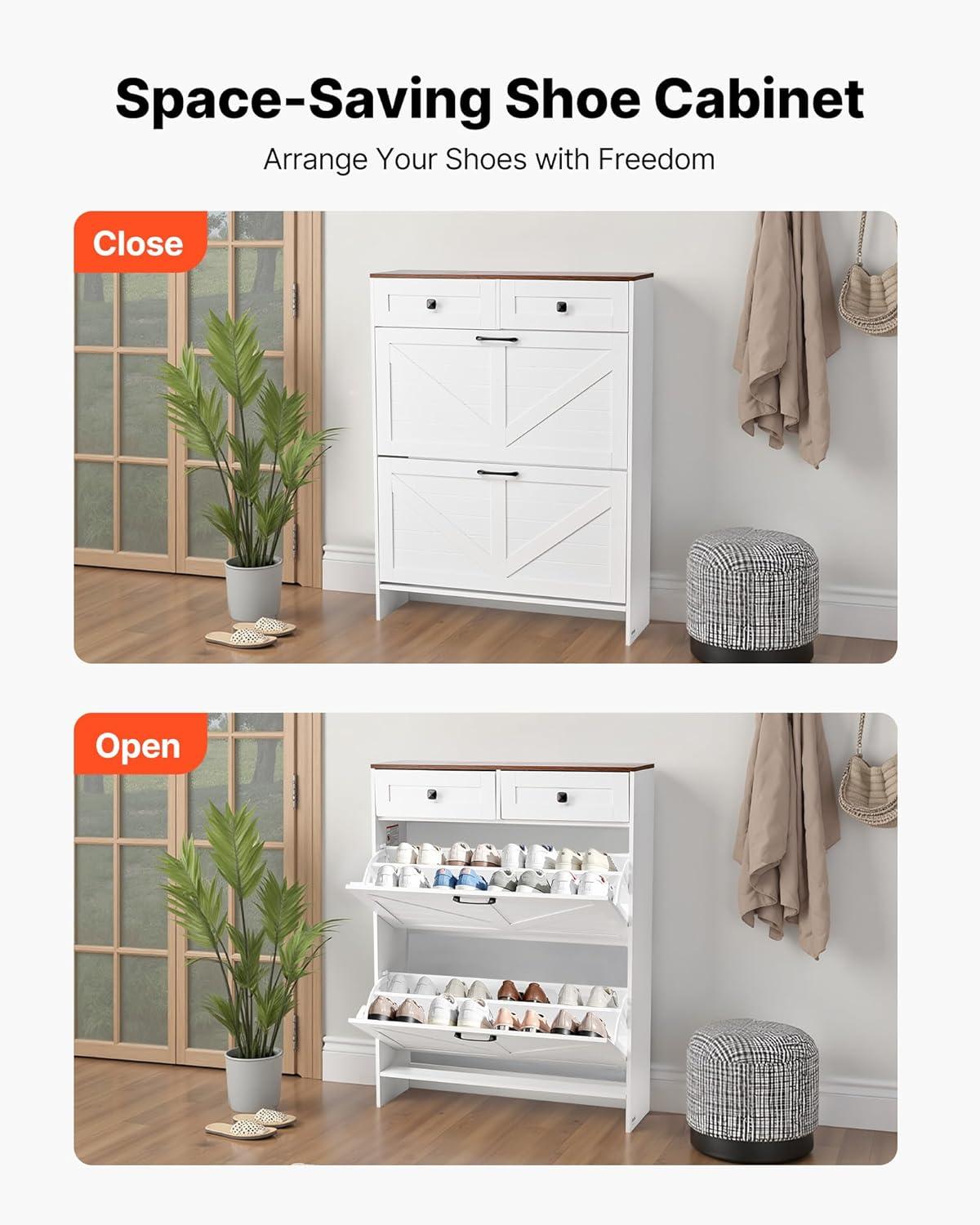 imageVEVOR Shoe Cabinet with 3 Flip Drawers Shoe Storage Cabinet for Entryway Free Standing Shoe Storage Organizer with Side Hooks for Heels Boots Slippers in Hallway Living Room315W 2 Drawers2 Storage Drawers