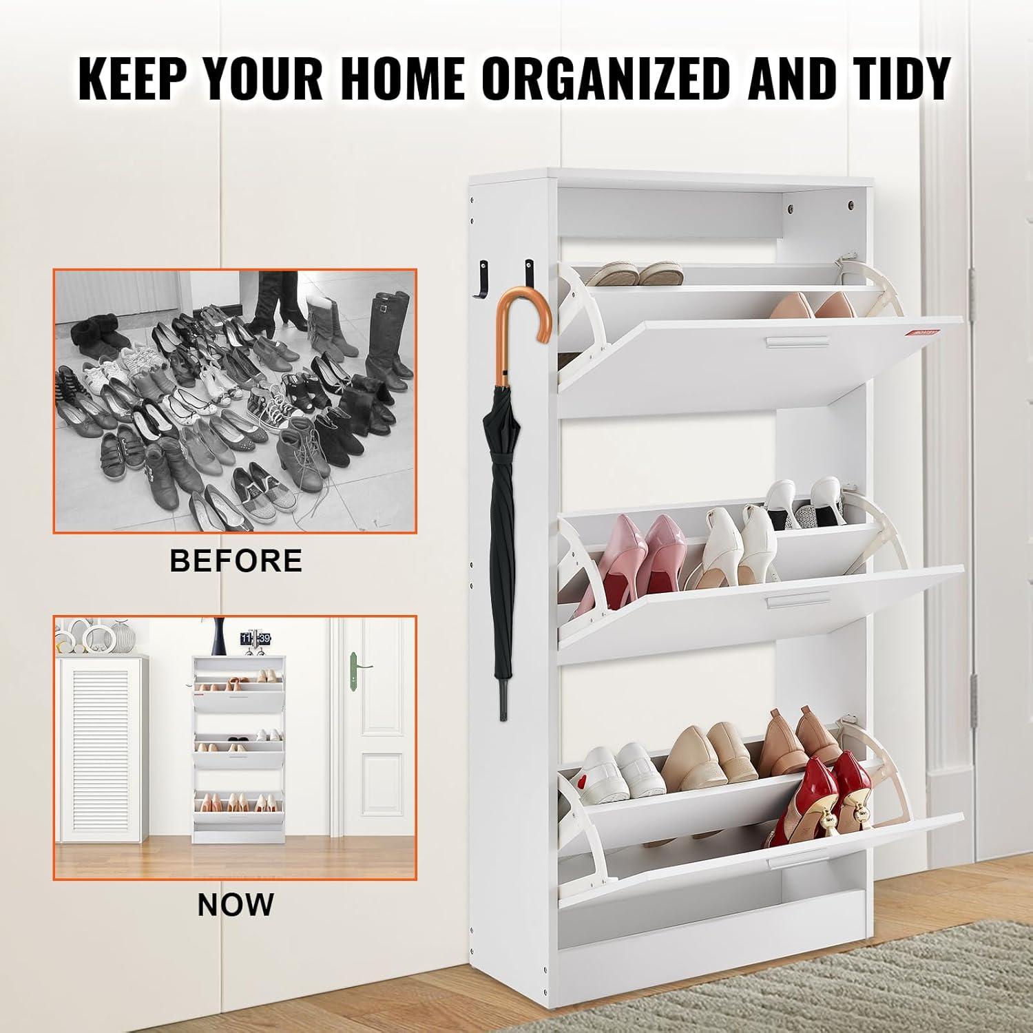 imageVEVOR Shoe Cabinet with 3 Flip Drawers Shoe Storage Cabinet for Entryway Free Standing Shoe Storage Organizer with Side Hooks for Heels Boots Slippers in Hallway Living Room236W 3 Drawers