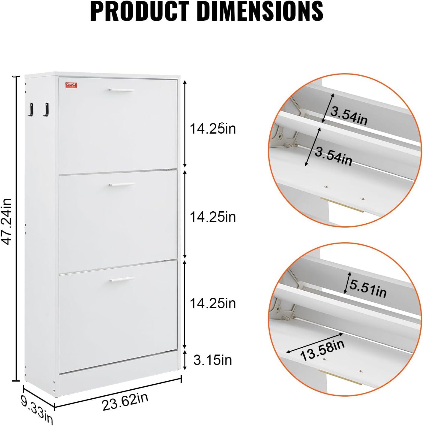 imageVEVOR Shoe Cabinet with 3 Flip Drawers Shoe Storage Cabinet for Entryway Free Standing Shoe Storage Organizer with Side Hooks for Heels Boots Slippers in Hallway Living Room236W 3 Drawers