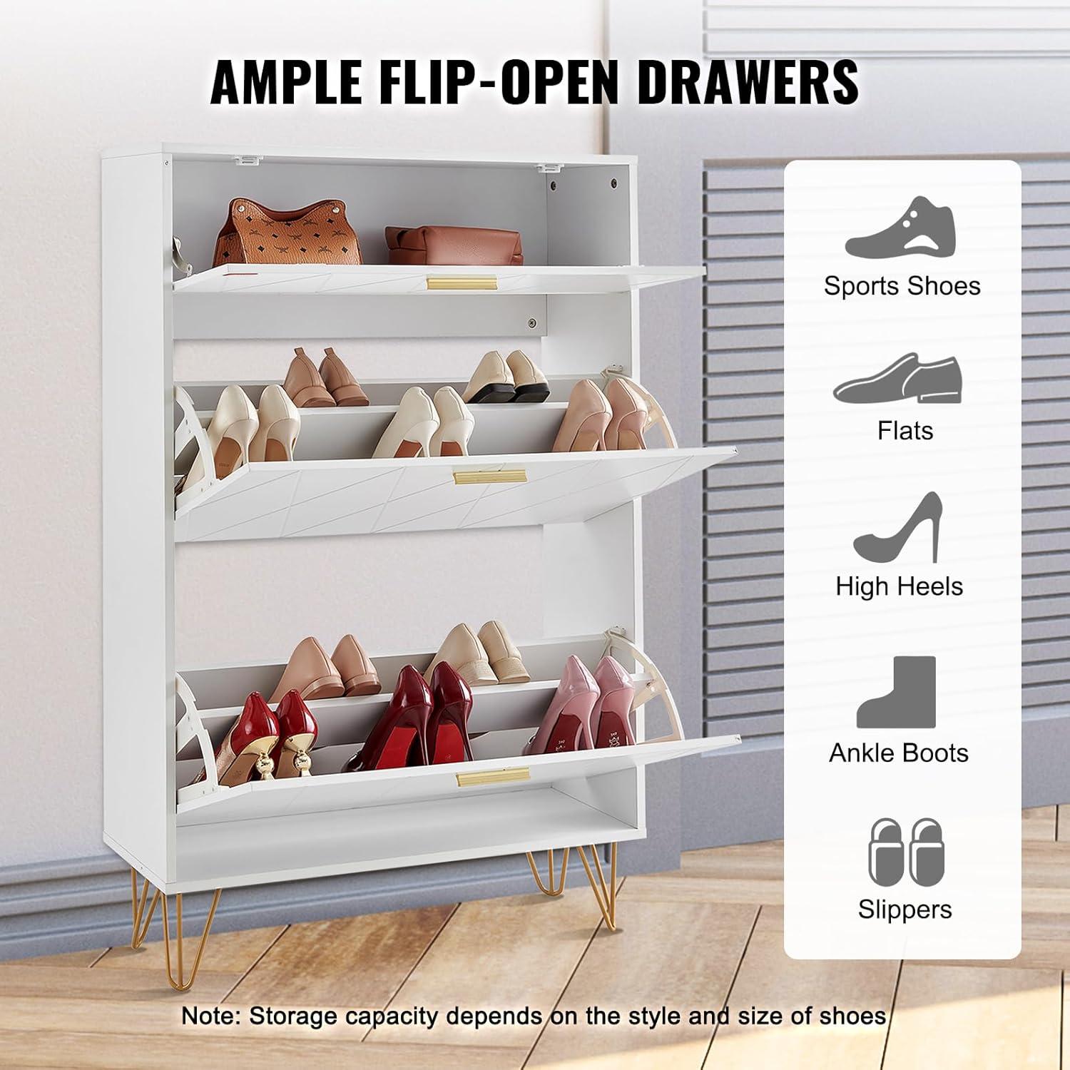 imageVEVOR Shoe Cabinet with 3 Flip Drawers Shoe Storage Cabinet for Entryway Free Standing Shoe Storage Organizer with Side Hooks for Heels Boots Slippers in Hallway Living Room315W 3 Drawers
