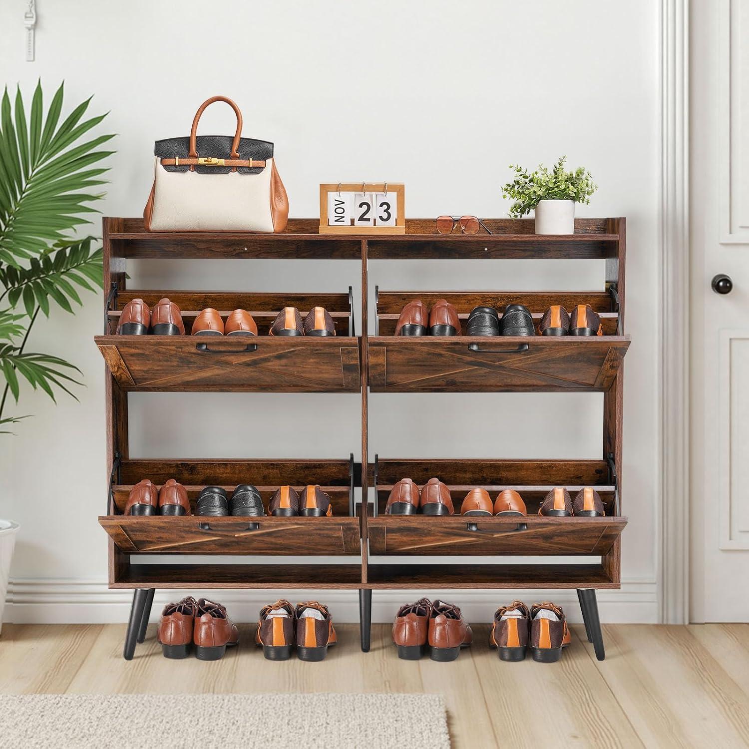 imageVEVOR Shoe Cabinet with 3 Flip Drawers Shoe Storage Cabinet for Entryway Free Standing Shoe Storage Organizer with Side Hooks for Heels Boots Slippers in Hallway Living Room473W 4 Drawers