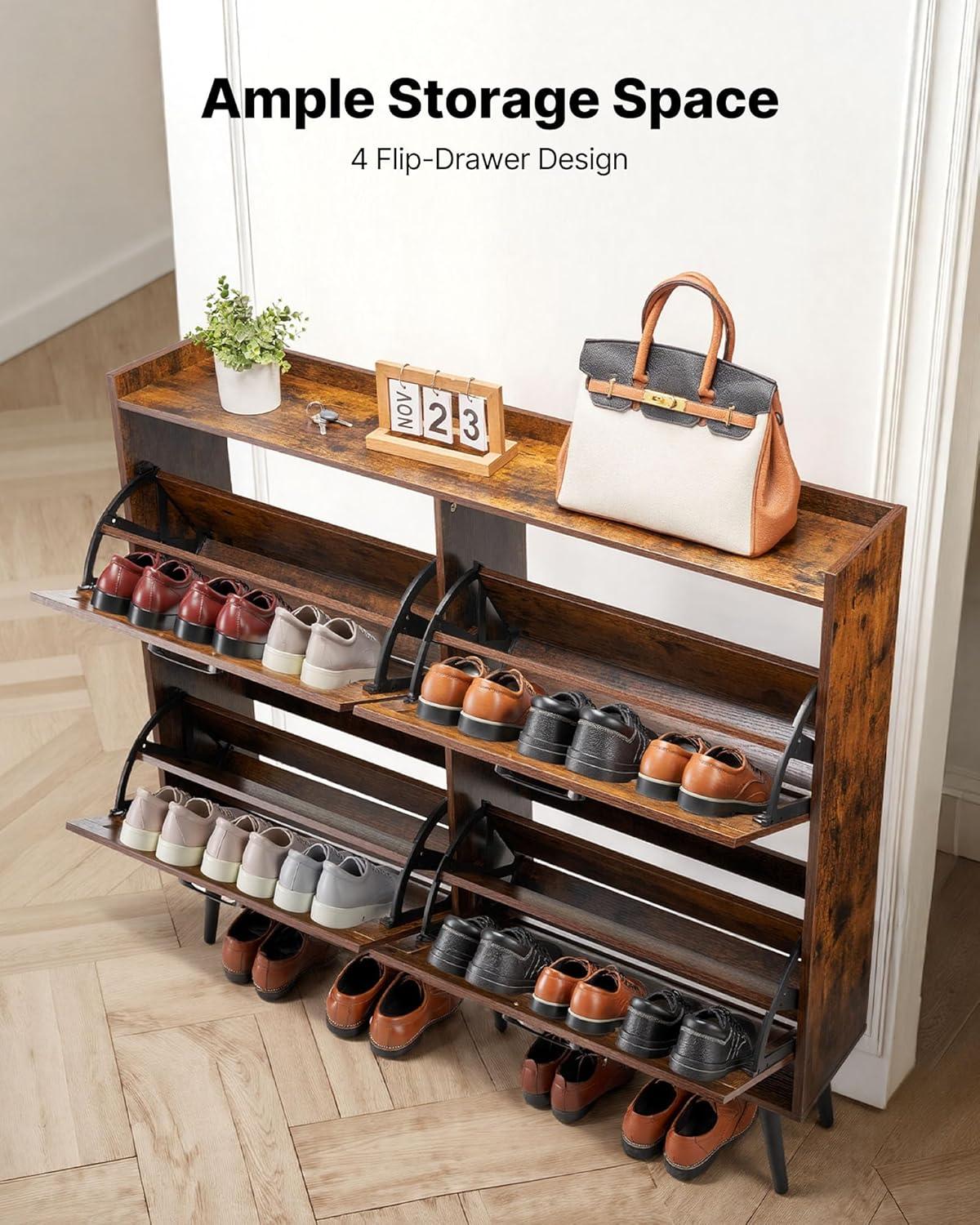 imageVEVOR Shoe Cabinet with 3 Flip Drawers Shoe Storage Cabinet for Entryway Free Standing Shoe Storage Organizer with Side Hooks for Heels Boots Slippers in Hallway Living Room473W 4 Drawers