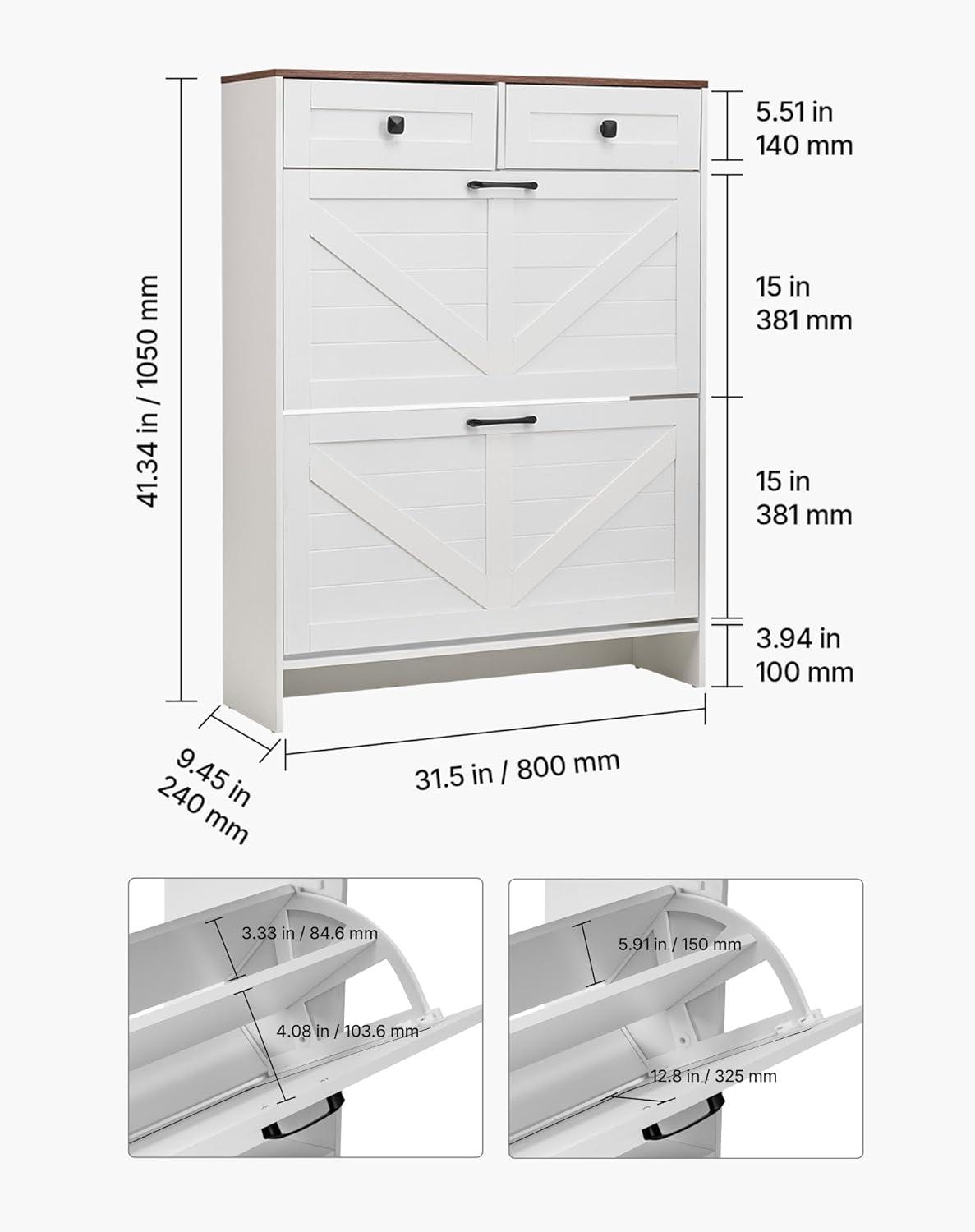 imageVEVOR Shoe Cabinet with 3 Flip Drawers Shoe Storage Cabinet for Entryway Free Standing Shoe Storage Organizer with Side Hooks for Heels Boots Slippers in Hallway Living Room315W 2 Drawers2 Storage Drawers
