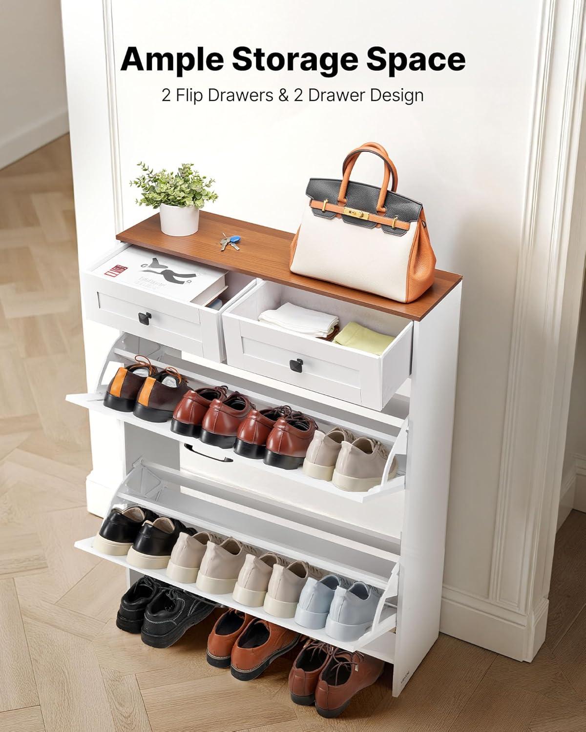 imageVEVOR Shoe Cabinet with 3 Flip Drawers Shoe Storage Cabinet for Entryway Free Standing Shoe Storage Organizer with Side Hooks for Heels Boots Slippers in Hallway Living Room315W 2 Drawers2 Storage Drawers
