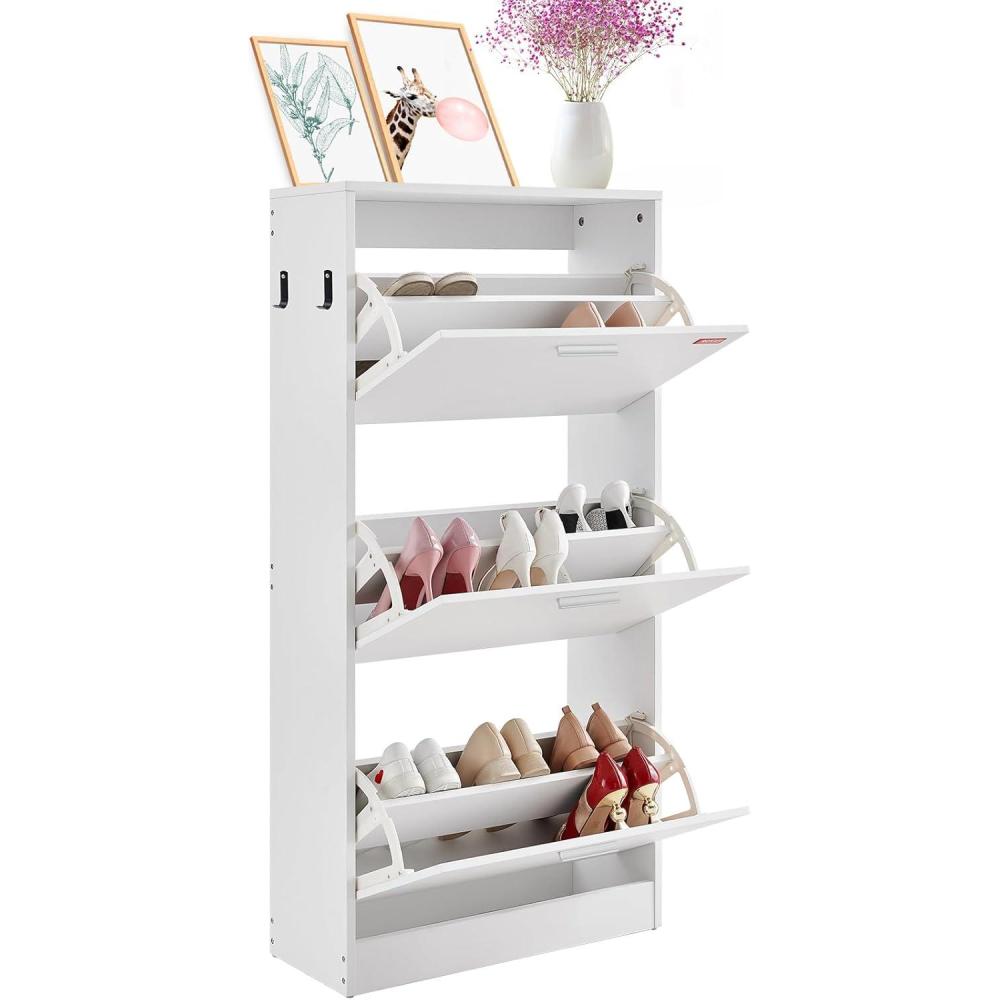 imageVEVOR Shoe Cabinet with 3 Flip Drawers Shoe Storage Cabinet for Entryway Free Standing Shoe Storage Organizer with Side Hooks for Heels Boots Slippers in Hallway Living Room236W 3 Drawers