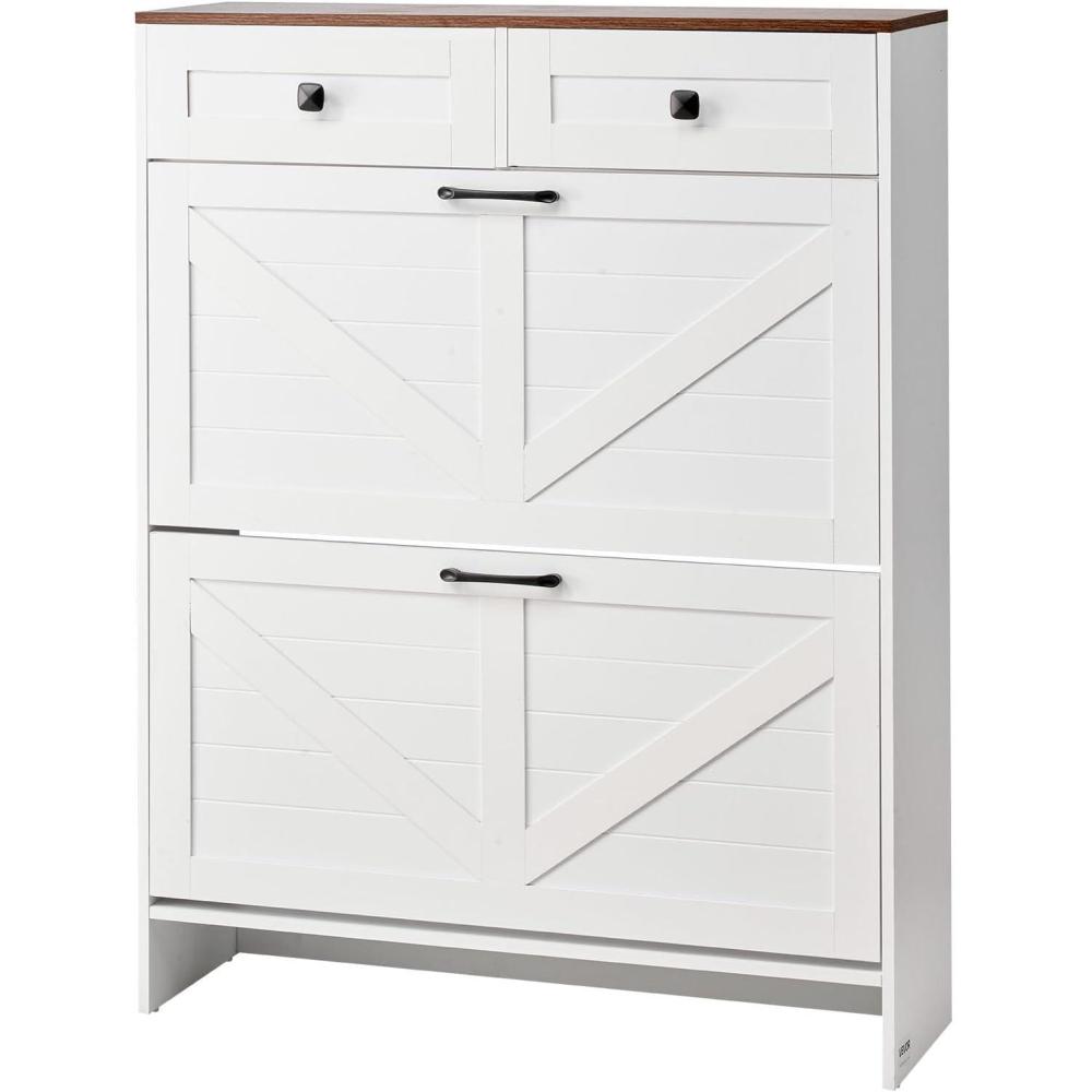 imageVEVOR Shoe Cabinet with 3 Flip Drawers Shoe Storage Cabinet for Entryway Free Standing Shoe Storage Organizer with Side Hooks for Heels Boots Slippers in Hallway Living Room315W 2 Drawers2 Storage Drawers