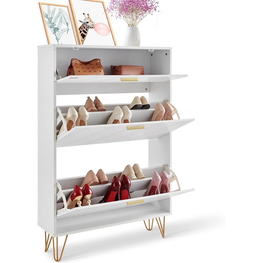 imageVEVOR Shoe Cabinet with 3 Flip Drawers Shoe Storage Cabinet for Entryway Free Standing Shoe Storage Organizer with Side Hooks for Heels Boots Slippers in Hallway Living Room315W 3 Drawers