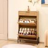 imageVEVOR Rattan Shoe Cabinet Narrow Shoe Storage Organizer with 2 Flip Rattan Drawers ampamp 1 Slide Drawer Metal Legs Slim Shoe Entryway Cabinet Ideal for Entryway Closet Hallway BlackLight Wood Color