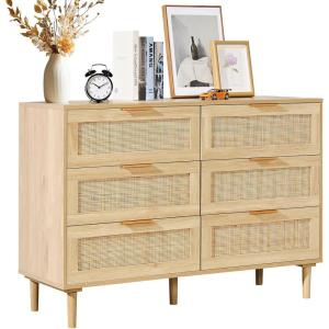 imageVEVOR 6 Drawer Rattan Dresser Boho Dresser Rattan Chest of Drawers with Spacious Storage Natural Rattan Dresser for Bedroom Living Room ampamp HallwayRattan Nightstand with Sturdy HandlesampampLegs Brown158D x 433W x 297H 3 Drawers