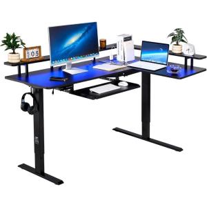 imageVEVOR L Shaped Desk Electric Adjustable Height Corner Gaming Desk with Keyboard Tray and Dual Hooks Heavy Duty LShaped Computer Table with Light Strip for Home Office Easy to Assemble Black