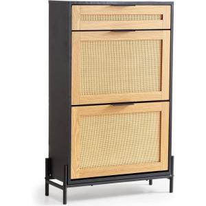 imageVEVOR Rattan Shoe Cabinet Narrow Shoe Storage Organizer with 2 Flip Rattan Drawers ampamp 1 Slide Drawer Metal Legs Slim Shoe Entryway Cabinet Ideal for Entryway Closet Hallway BlackBlack
