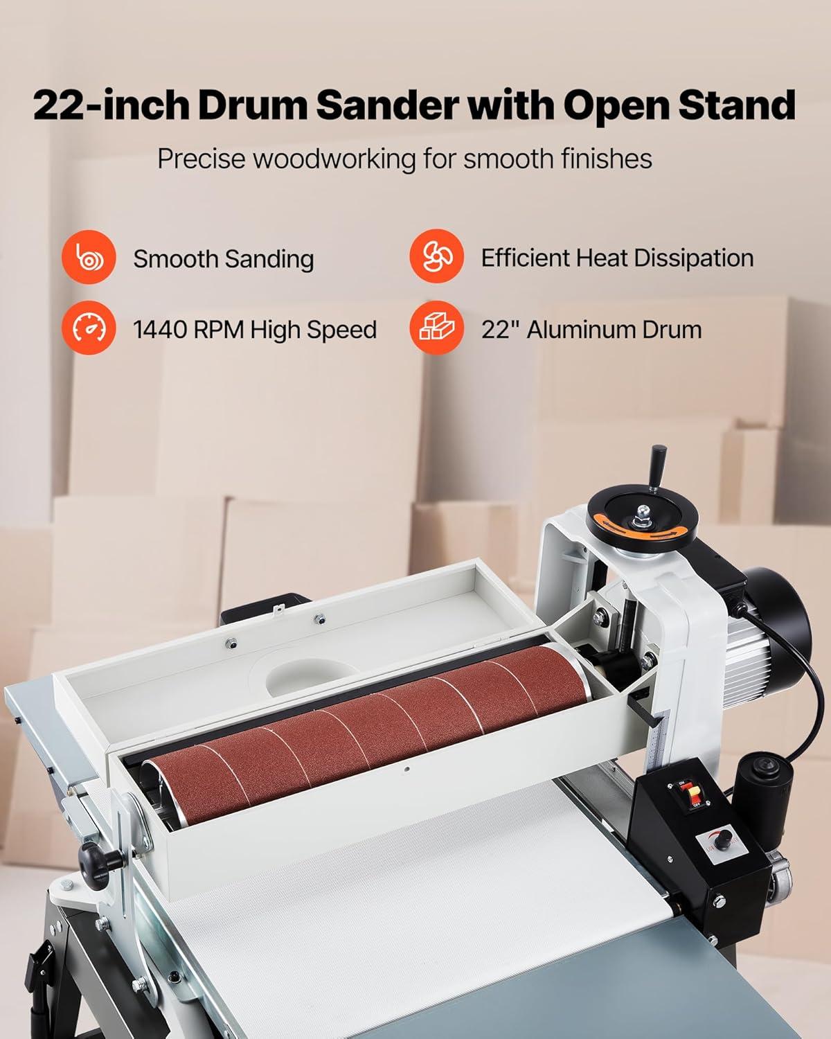 imageVEVOR 22quot Drum Sander with Stand ampamp Extension Tables 175HP 1440RPM Dual Motor Drum Sander for Woodworking  Variable Speed Conveyor Belt 4quot Dust Collection Port for Cabinet ampamp Furniture Finishing22Inch