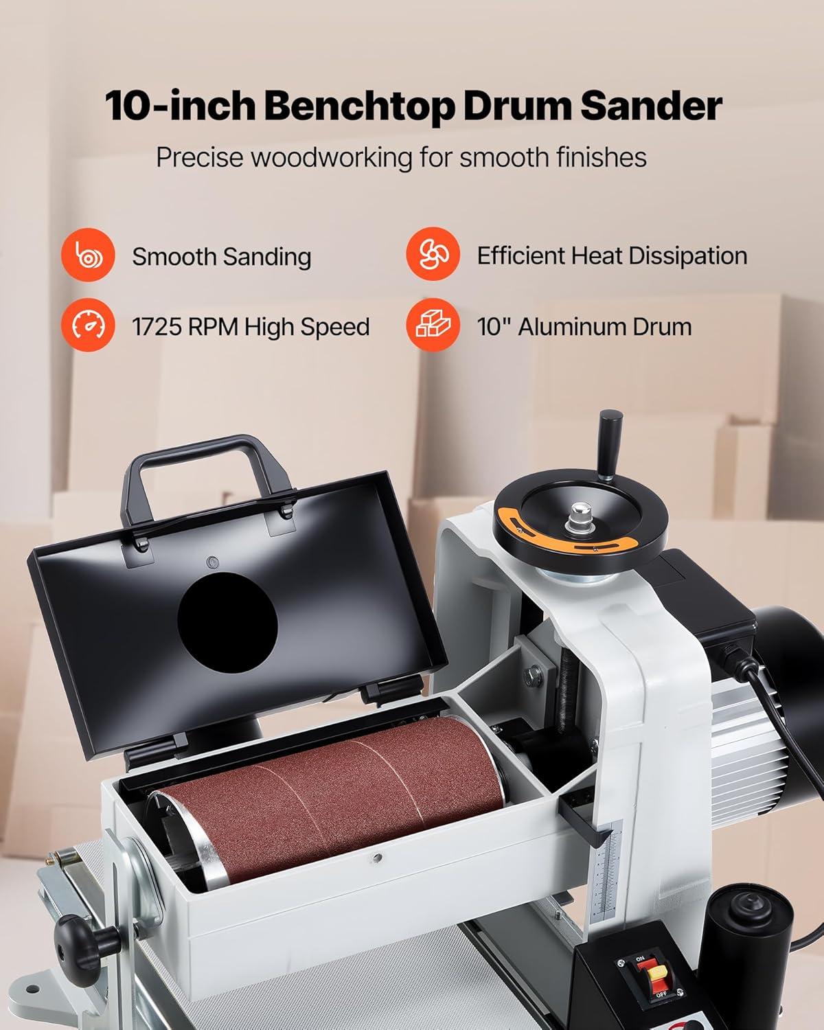 imageVEVOR 22quot Drum Sander with Stand ampamp Extension Tables 175HP 1440RPM Dual Motor Drum Sander for Woodworking  Variable Speed Conveyor Belt 4quot Dust Collection Port for Cabinet ampamp Furniture Finishing10Inch