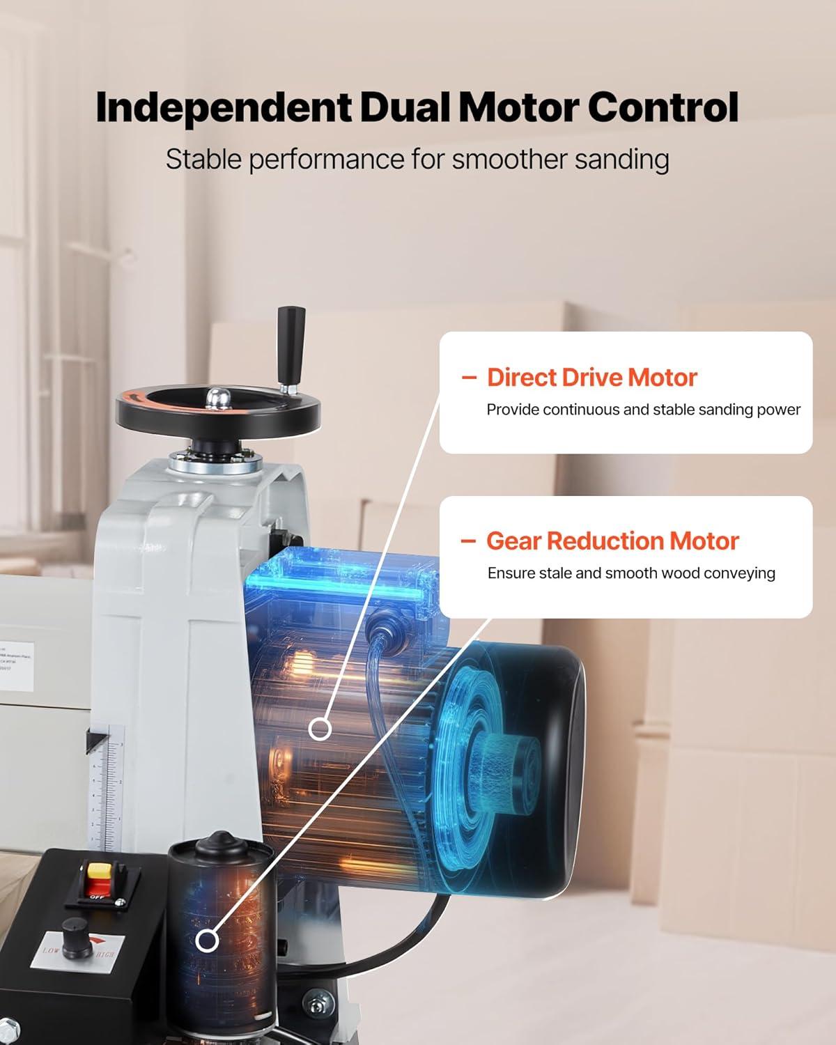 imageVEVOR 22quot Drum Sander with Stand ampamp Extension Tables 175HP 1440RPM Dual Motor Drum Sander for Woodworking  Variable Speed Conveyor Belt 4quot Dust Collection Port for Cabinet ampamp Furniture Finishing22Inch
