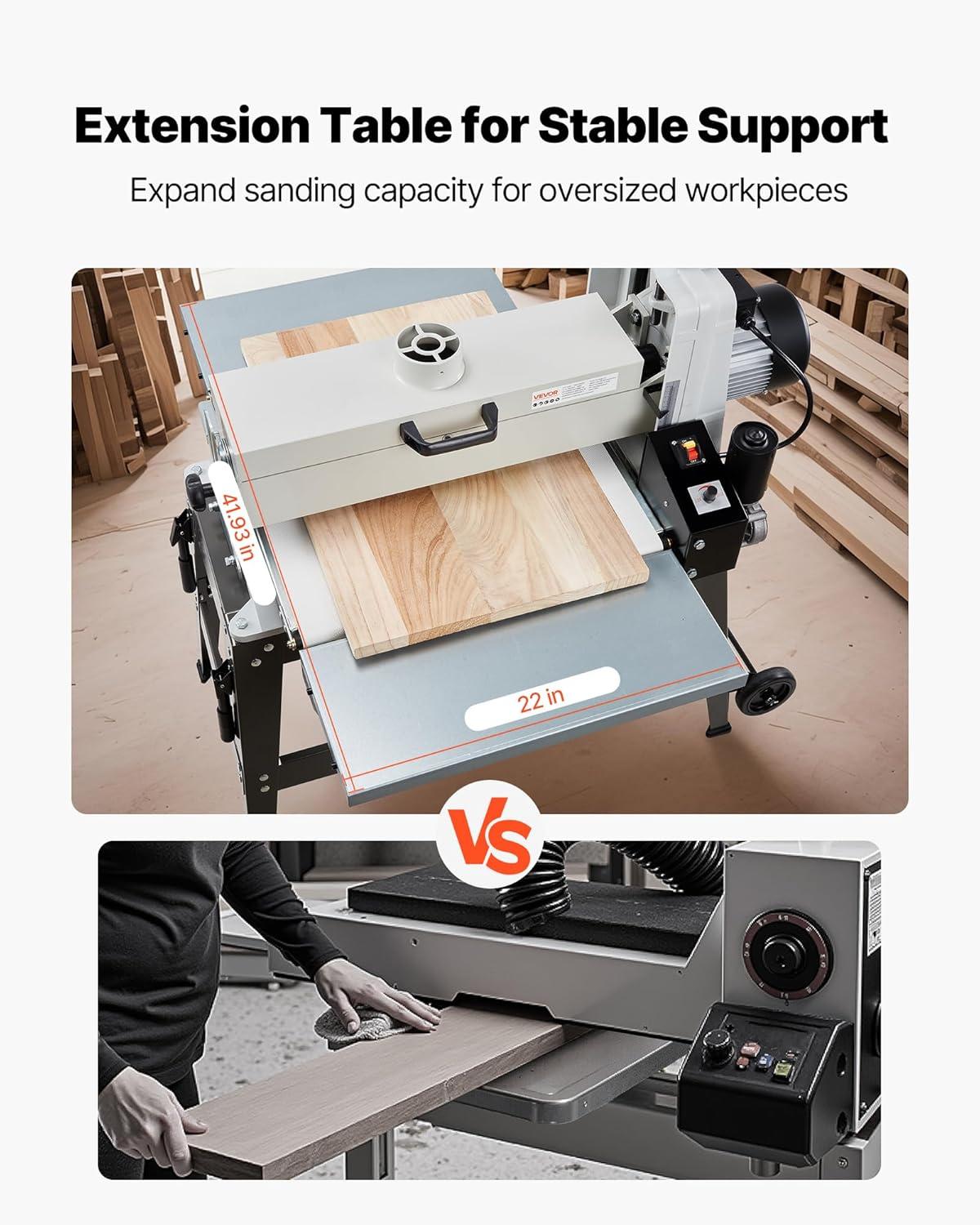 imageVEVOR 22quot Drum Sander with Stand ampamp Extension Tables 175HP 1440RPM Dual Motor Drum Sander for Woodworking  Variable Speed Conveyor Belt 4quot Dust Collection Port for Cabinet ampamp Furniture Finishing22Inch