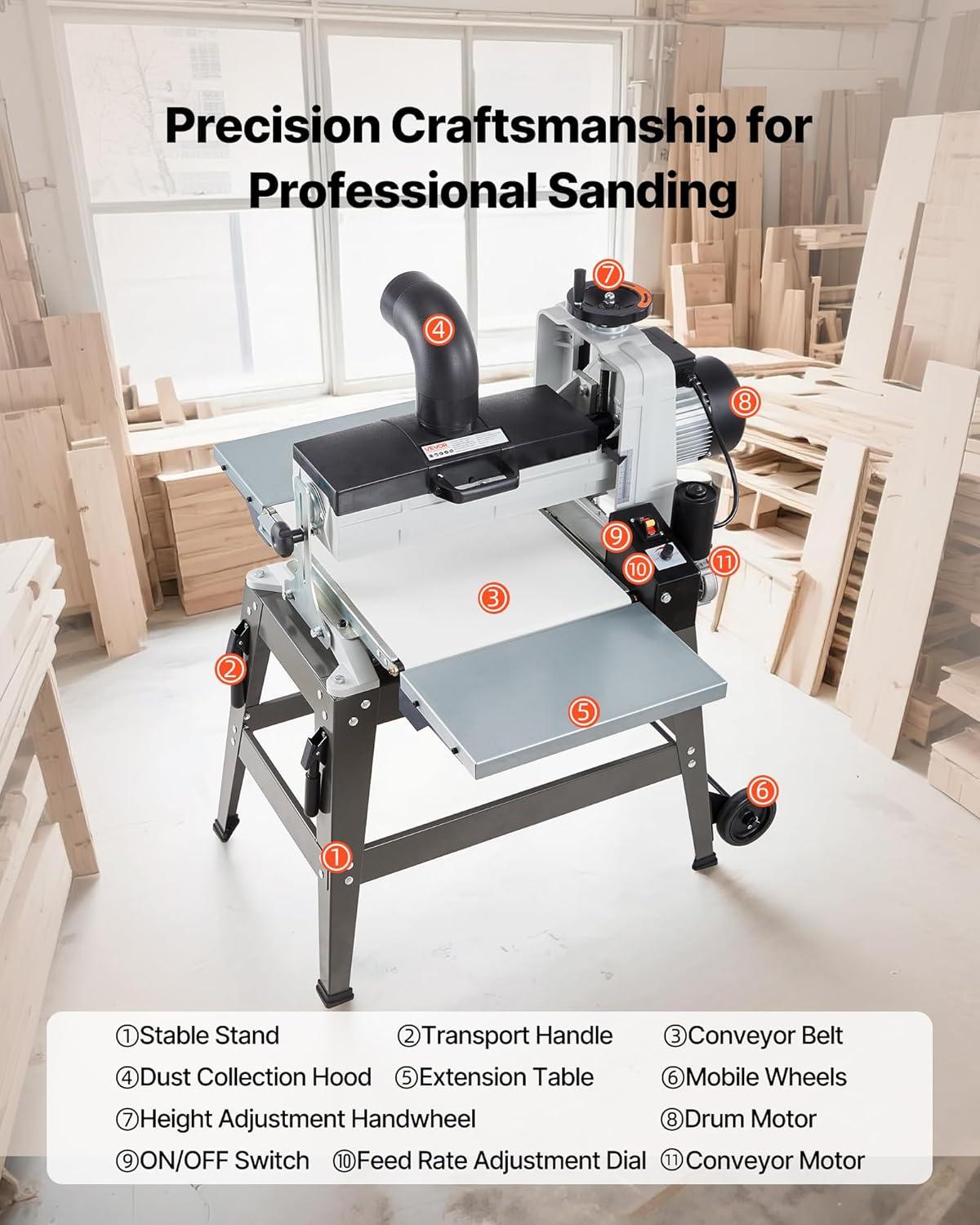 imageVEVOR 22quot Drum Sander with Stand ampamp Extension Tables 175HP 1440RPM Dual Motor Drum Sander for Woodworking  Variable Speed Conveyor Belt 4quot Dust Collection Port for Cabinet ampamp Furniture Finishing16Inch
