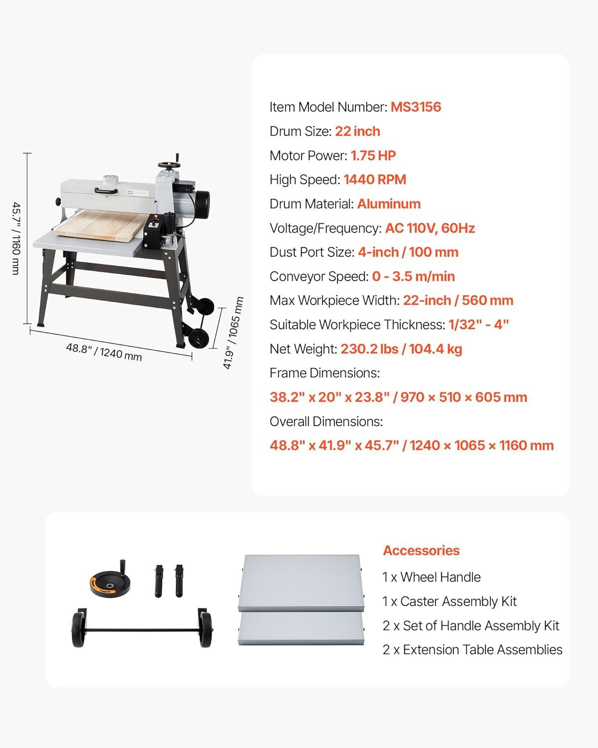 imageVEVOR 22quot Drum Sander with Stand ampamp Extension Tables 175HP 1440RPM Dual Motor Drum Sander for Woodworking  Variable Speed Conveyor Belt 4quot Dust Collection Port for Cabinet ampamp Furniture Finishing22Inch