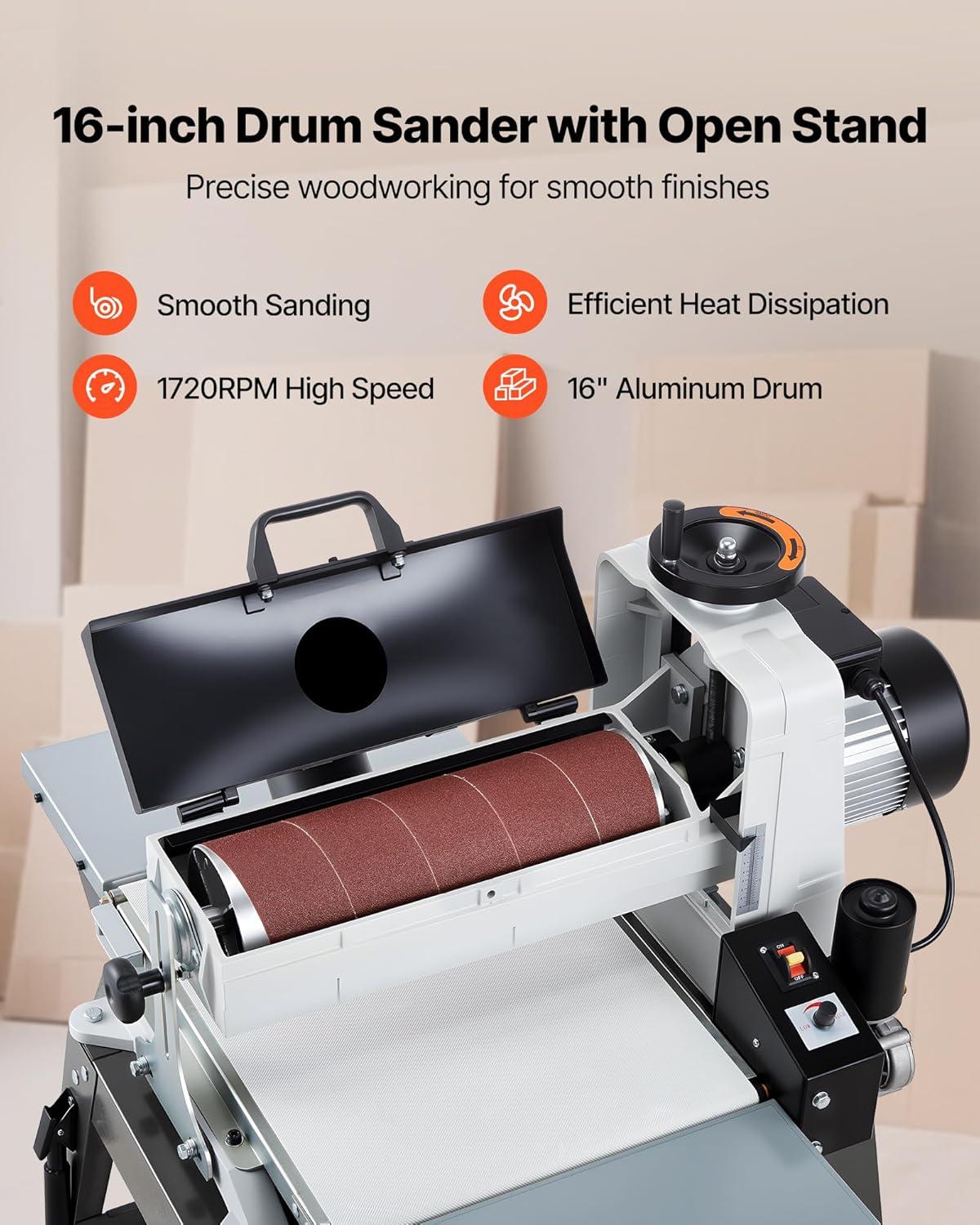 imageVEVOR 22quot Drum Sander with Stand ampamp Extension Tables 175HP 1440RPM Dual Motor Drum Sander for Woodworking  Variable Speed Conveyor Belt 4quot Dust Collection Port for Cabinet ampamp Furniture Finishing16Inch