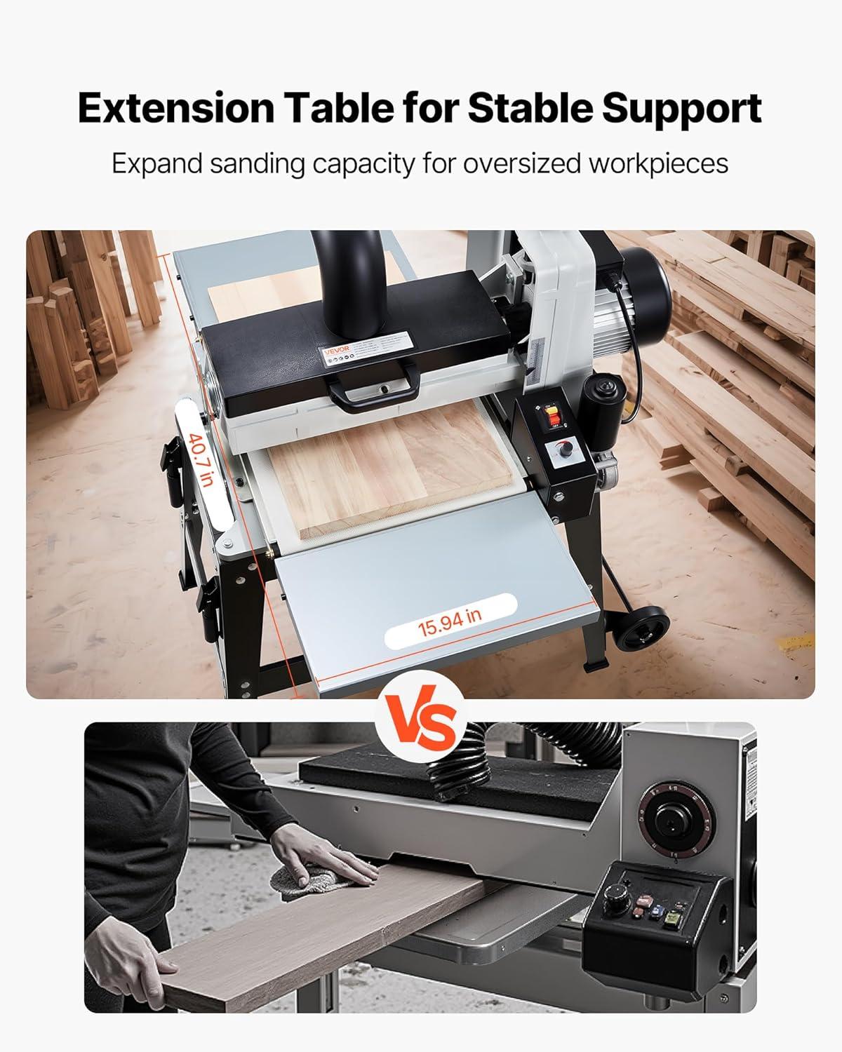 imageVEVOR 22quot Drum Sander with Stand ampamp Extension Tables 175HP 1440RPM Dual Motor Drum Sander for Woodworking  Variable Speed Conveyor Belt 4quot Dust Collection Port for Cabinet ampamp Furniture Finishing16Inch