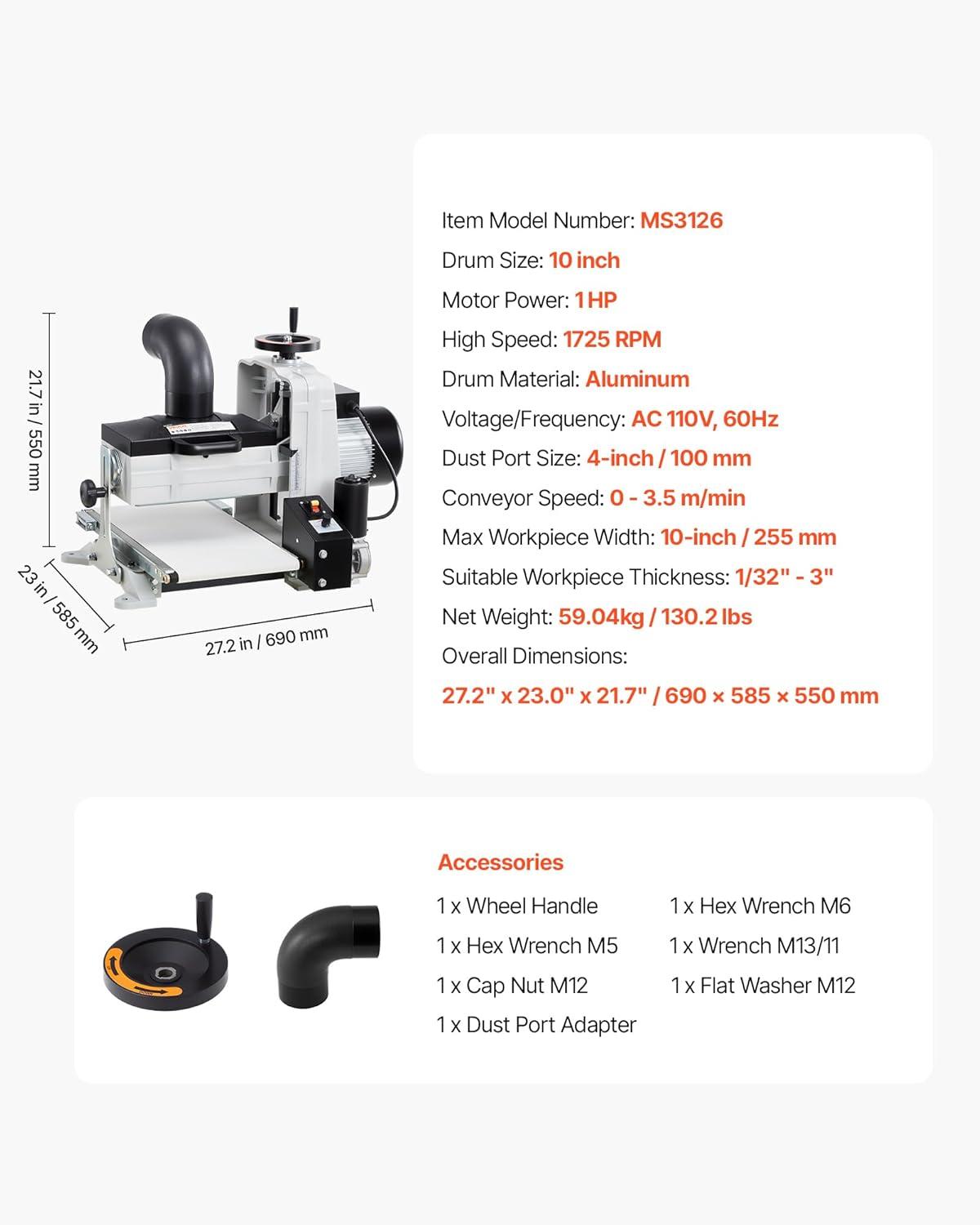 imageVEVOR 22quot Drum Sander with Stand ampamp Extension Tables 175HP 1440RPM Dual Motor Drum Sander for Woodworking  Variable Speed Conveyor Belt 4quot Dust Collection Port for Cabinet ampamp Furniture Finishing10Inch