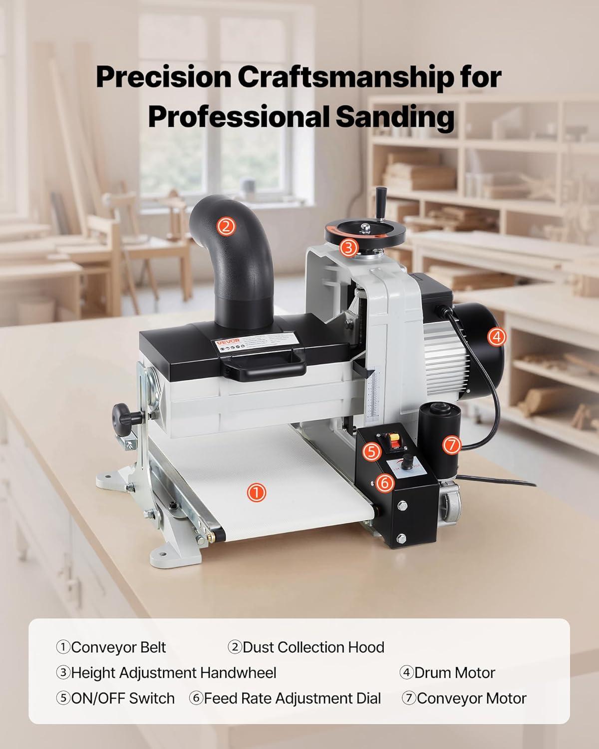 imageVEVOR 22quot Drum Sander with Stand ampamp Extension Tables 175HP 1440RPM Dual Motor Drum Sander for Woodworking  Variable Speed Conveyor Belt 4quot Dust Collection Port for Cabinet ampamp Furniture Finishing10Inch