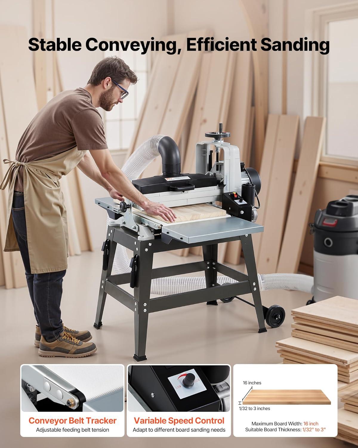 imageVEVOR 22quot Drum Sander with Stand ampamp Extension Tables 175HP 1440RPM Dual Motor Drum Sander for Woodworking  Variable Speed Conveyor Belt 4quot Dust Collection Port for Cabinet ampamp Furniture Finishing16Inch