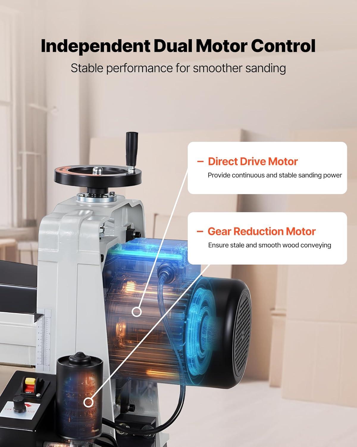imageVEVOR 22quot Drum Sander with Stand ampamp Extension Tables 175HP 1440RPM Dual Motor Drum Sander for Woodworking  Variable Speed Conveyor Belt 4quot Dust Collection Port for Cabinet ampamp Furniture Finishing16Inch