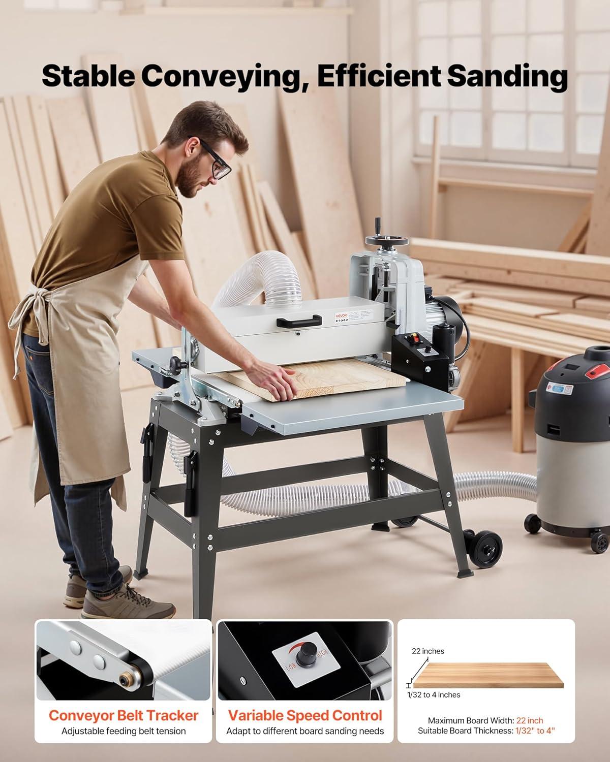 imageVEVOR 22quot Drum Sander with Stand ampamp Extension Tables 175HP 1440RPM Dual Motor Drum Sander for Woodworking  Variable Speed Conveyor Belt 4quot Dust Collection Port for Cabinet ampamp Furniture Finishing22Inch