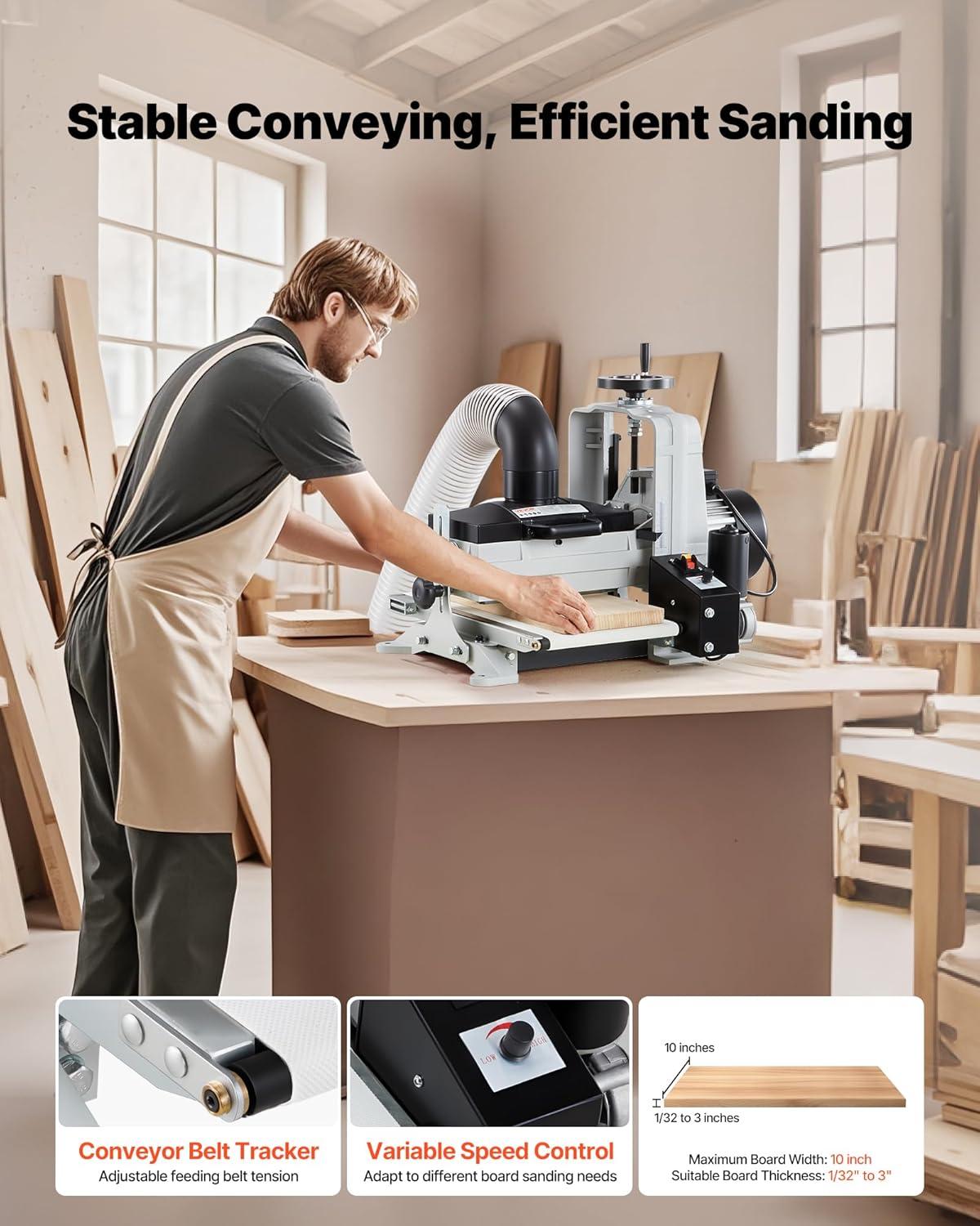 imageVEVOR 22quot Drum Sander with Stand ampamp Extension Tables 175HP 1440RPM Dual Motor Drum Sander for Woodworking  Variable Speed Conveyor Belt 4quot Dust Collection Port for Cabinet ampamp Furniture Finishing10Inch