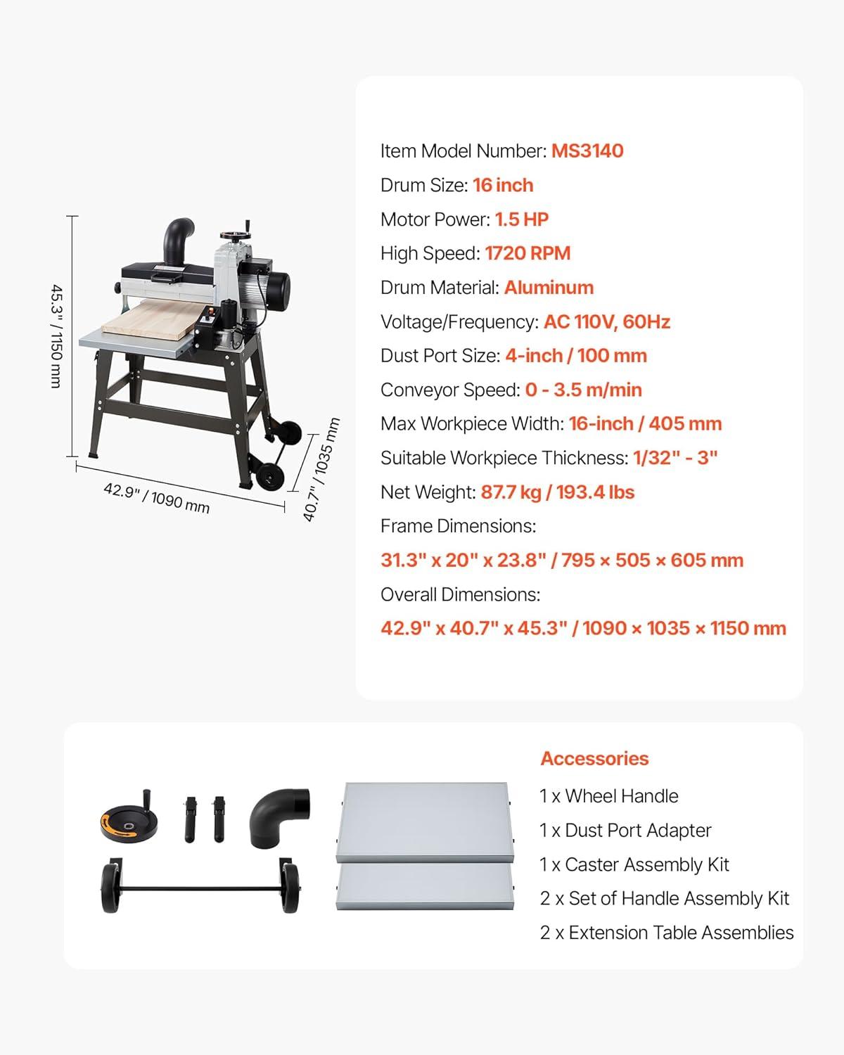imageVEVOR 22quot Drum Sander with Stand ampamp Extension Tables 175HP 1440RPM Dual Motor Drum Sander for Woodworking  Variable Speed Conveyor Belt 4quot Dust Collection Port for Cabinet ampamp Furniture Finishing16Inch