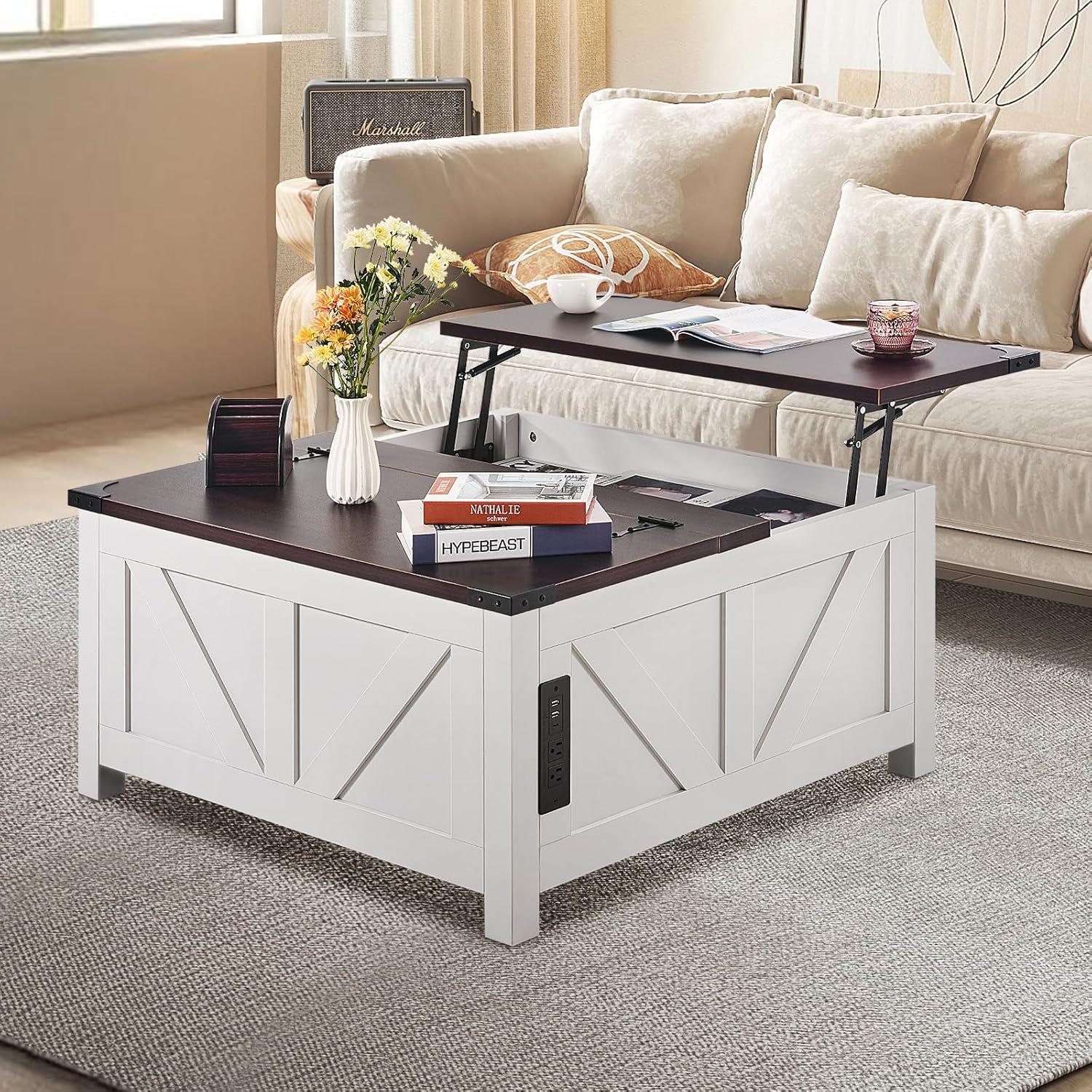 imageVEVOR 315quot Farmhouse Coffee Table Hinged Lift Top Coffee Square Table with Storage Compartment Wooden Rustic Cocktail Table for Living Room Bedroom Apartment Studio Gray ampamp White36 Inch