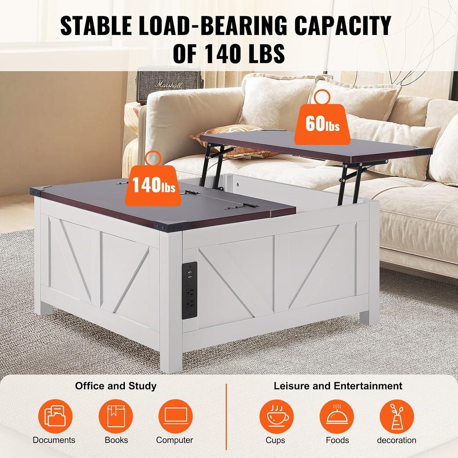 imageVEVOR 315quot Farmhouse Coffee Table Hinged Lift Top Coffee Square Table with Storage Compartment Wooden Rustic Cocktail Table for Living Room Bedroom Apartment Studio Gray ampamp White36 Inch