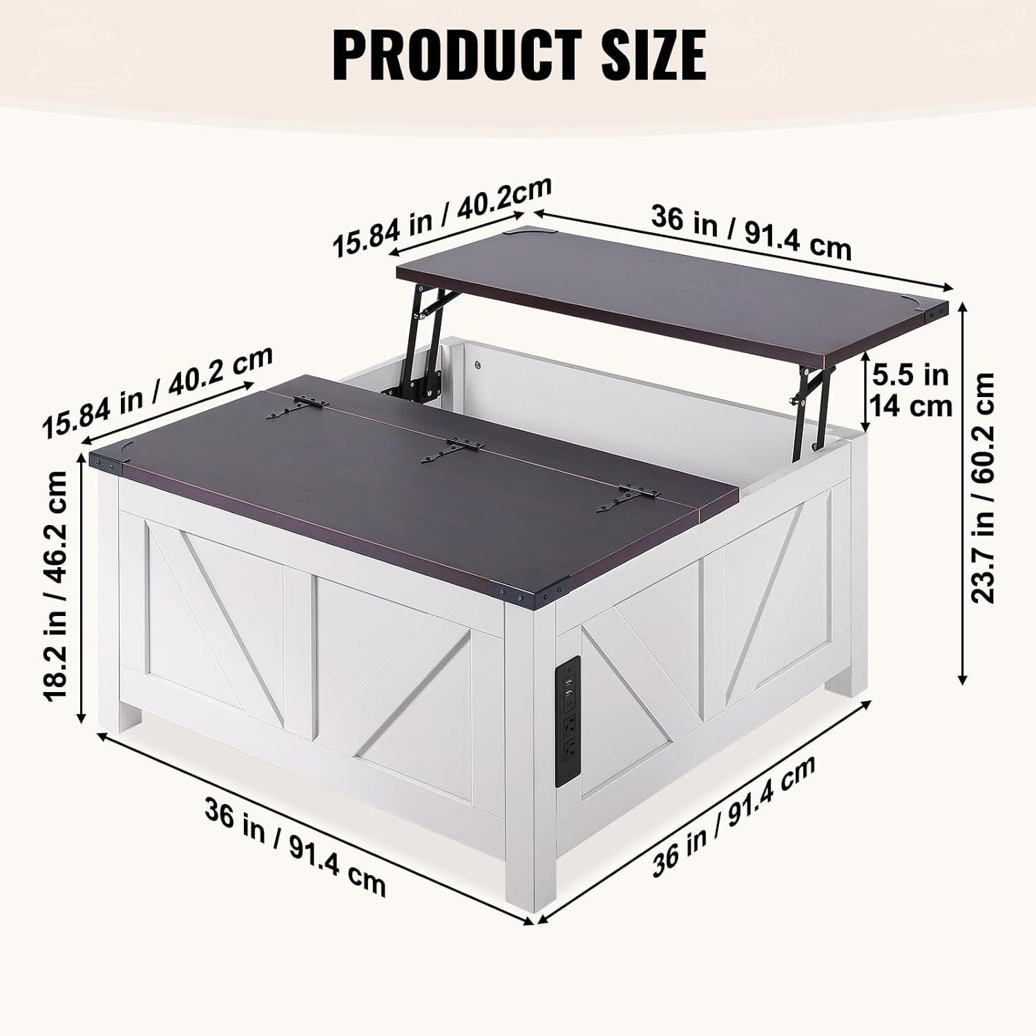 imageVEVOR 315quot Farmhouse Coffee Table Hinged Lift Top Coffee Square Table with Storage Compartment Wooden Rustic Cocktail Table for Living Room Bedroom Apartment Studio Gray ampamp White36 Inch